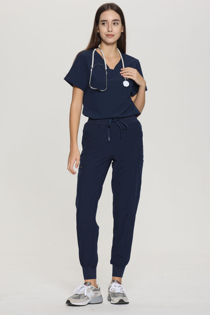 Women's 10-Pocket V-Neck Cargo Scrub Set, Navy Blue, Model Front View