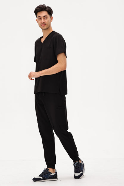 Men's 11-Pocket V-Neck Jogger Scrub Set, Black, Three-Quarter View