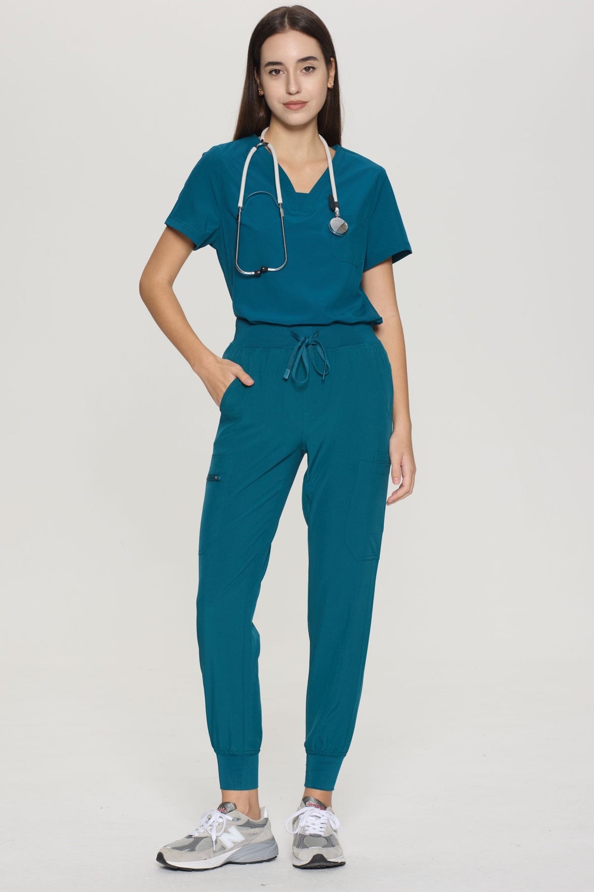 Women's 10-Pocket V-Neck Cargo Scrub Set, Caribbean Blue, Full-Length Front View