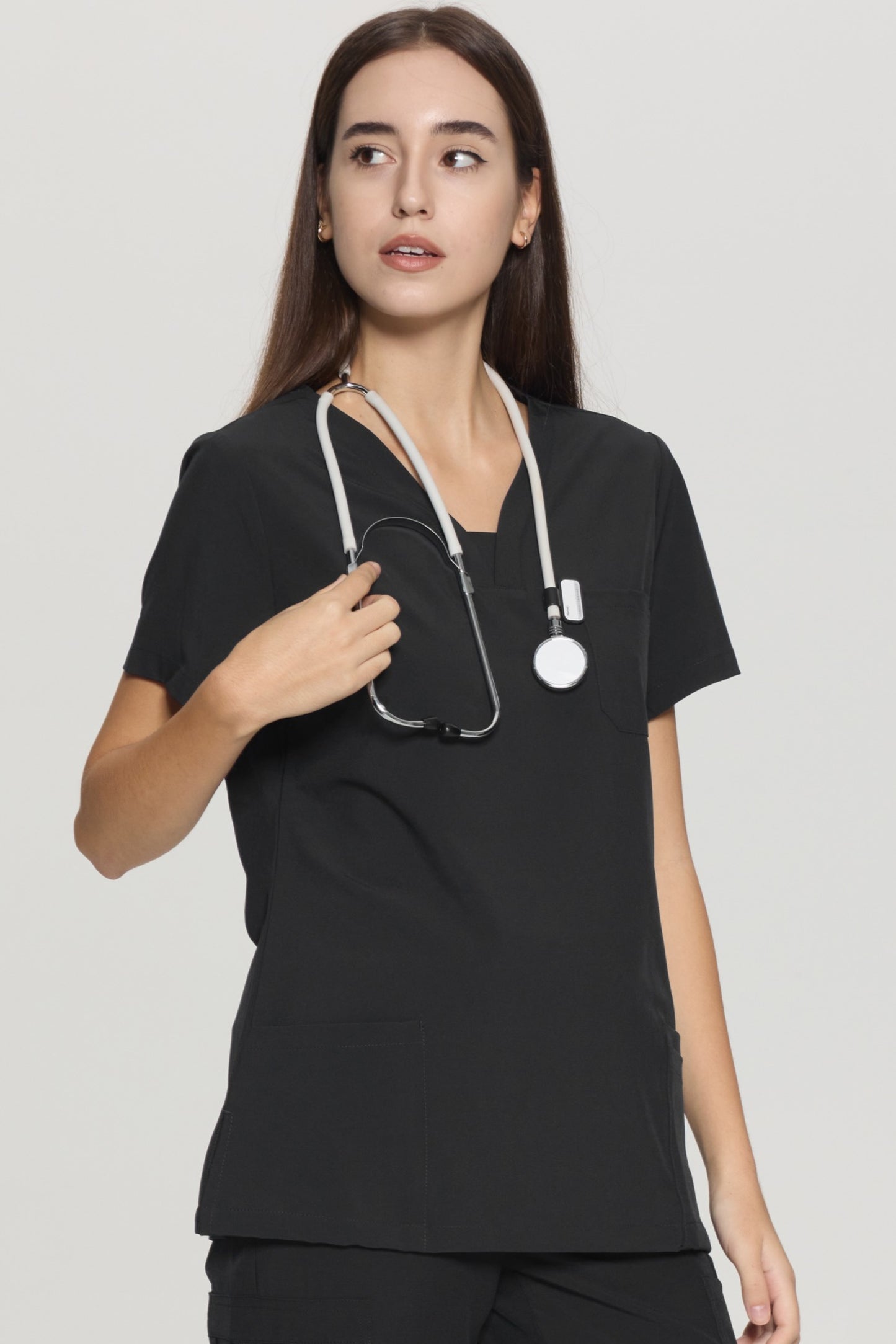 COZYFIT Slim Fit V-Neck Collar Patch Women Scrub Tops with 3 Pockets