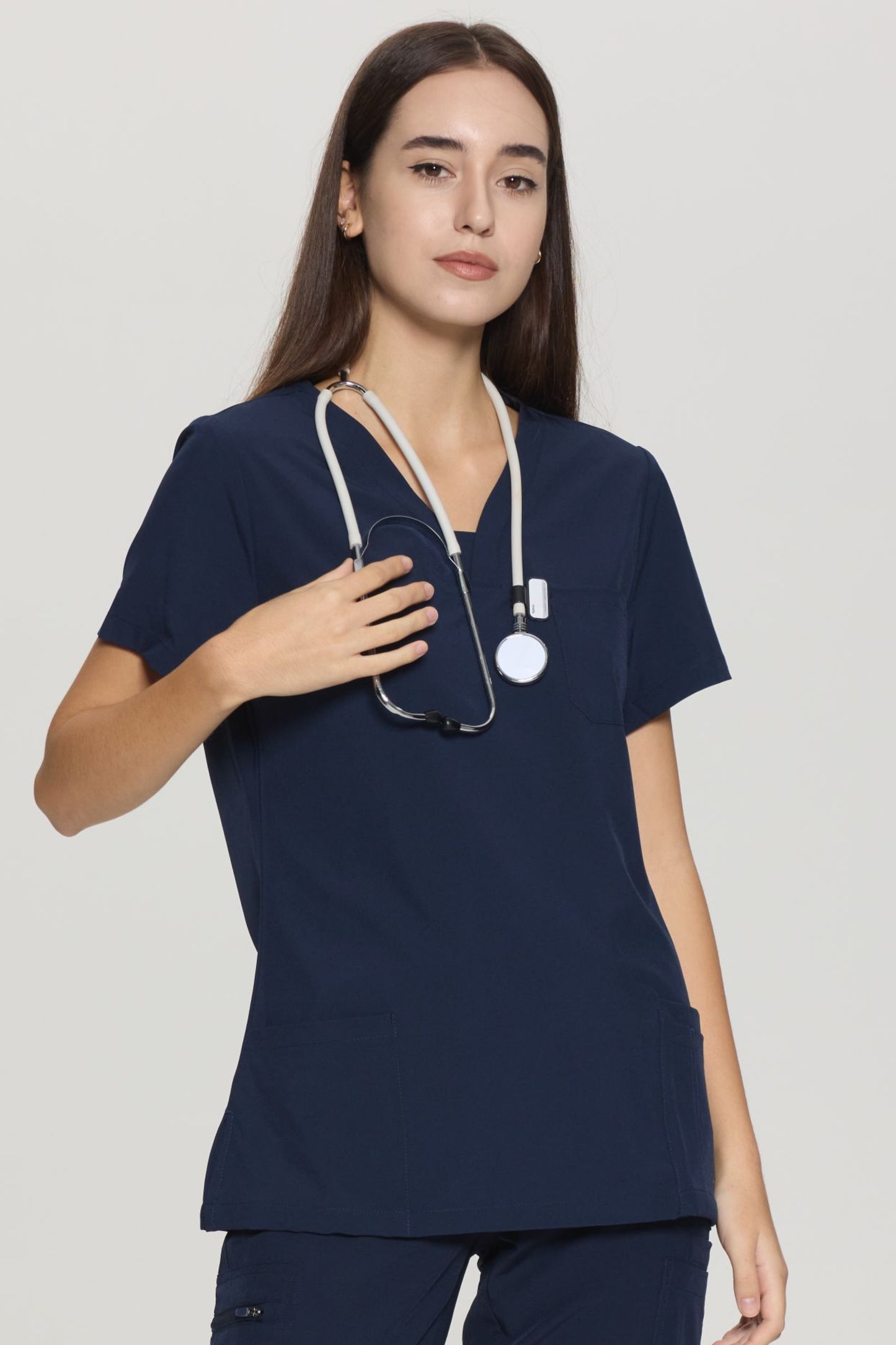 COZYFIT Slim Fit V-Neck Collar Patch Women Scrub Tops with 3 Pockets