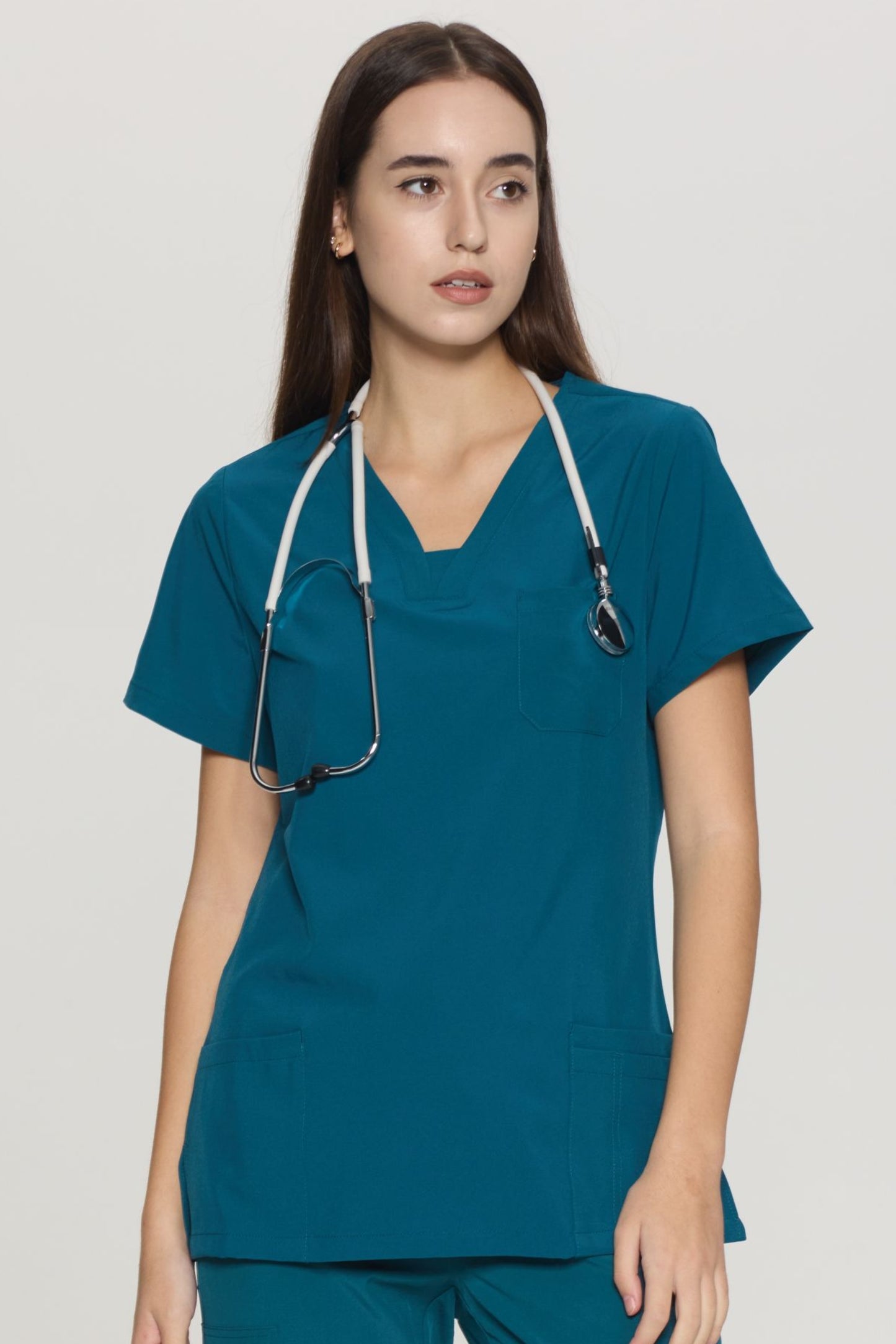 COZYFIT Slim Fit V-Neck Collar Patch Women Scrub Tops with 3 Pockets