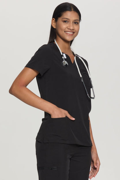 Women's 3-Pocket V-Neck Scrub Top, Black, Model Side View