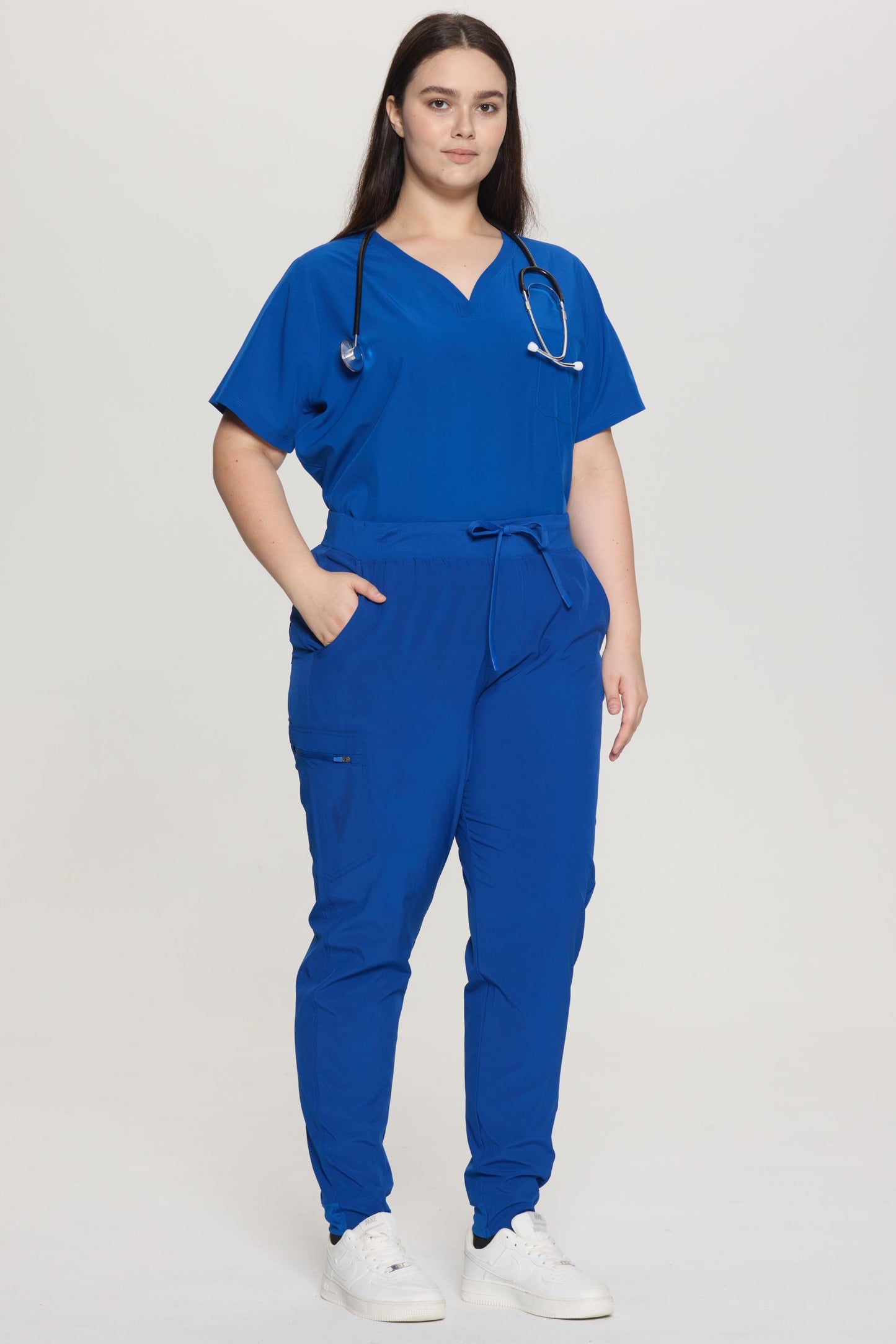 COZYFIT Curved V-Neck Scrub Top & Jogger Pants with 8 Pockets Scrub Sets