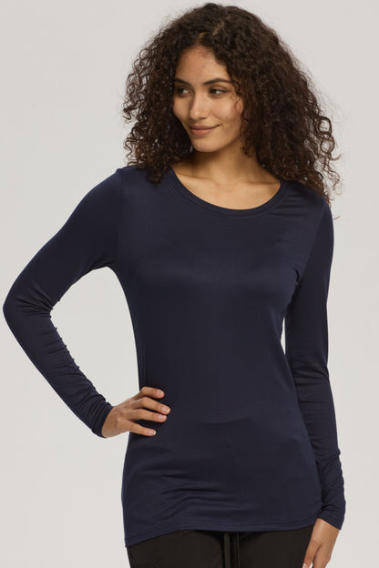 Women's 3-Pack Long-Sleeve Underscrub Tops, Navy Blue, Model Three-Quarter View
