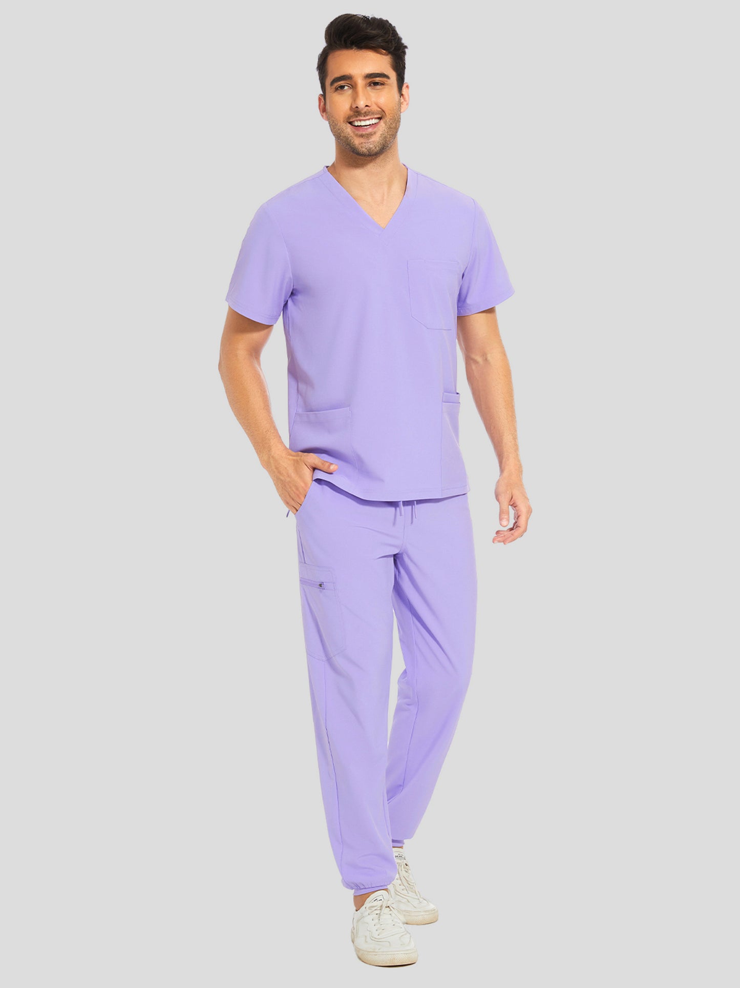 COZYFIT V-Neck Scrub Top & Jogger Pant with 8 Pockets, Yoga Waistband, Anti-Wrinkle Scrubs for Men