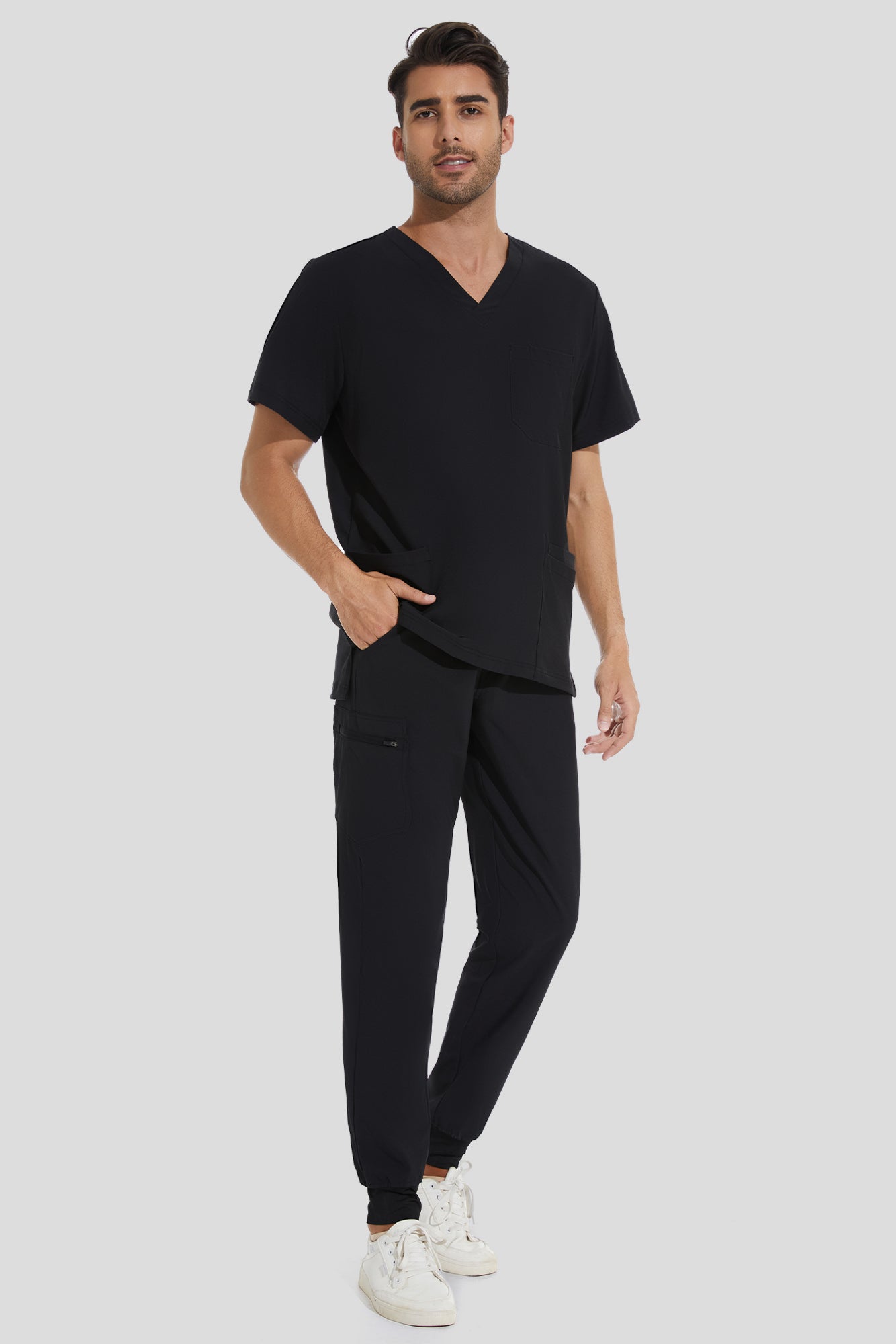COZYFIT V-Neck Scrub Top & Jogger Pant with 8 Pockets, Yoga Waistband, Anti-Wrinkle Scrubs for Men