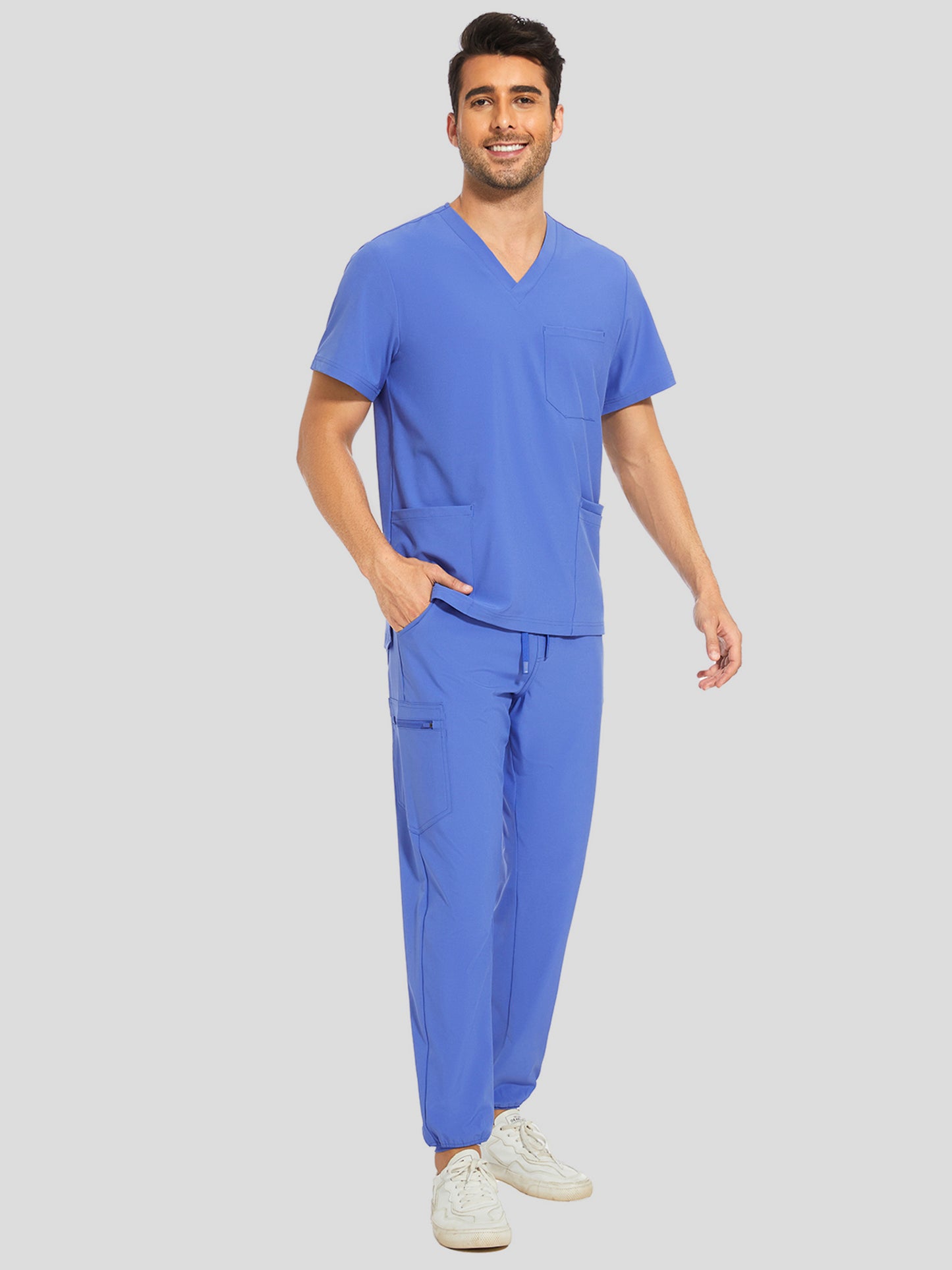 COZYFIT V-Neck Scrub Top & Jogger Pant with 8 Pockets, Yoga Waistband, Anti-Wrinkle Scrubs for Men