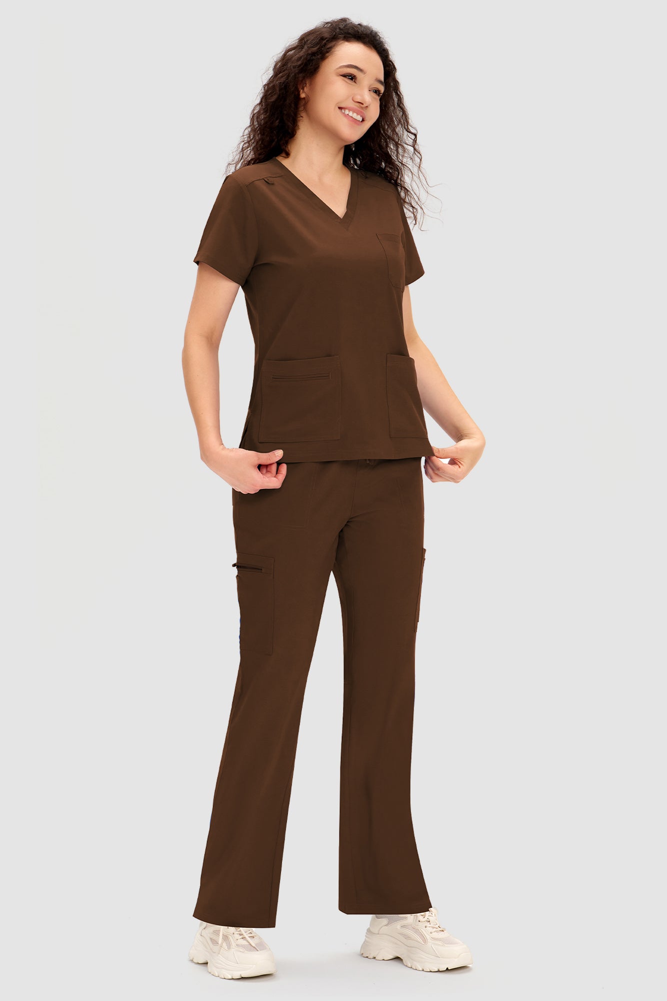 COZYFIT Scrubs for Women - V Neck Top and Bootcut Cargo Straight Pants with 12 Pockets