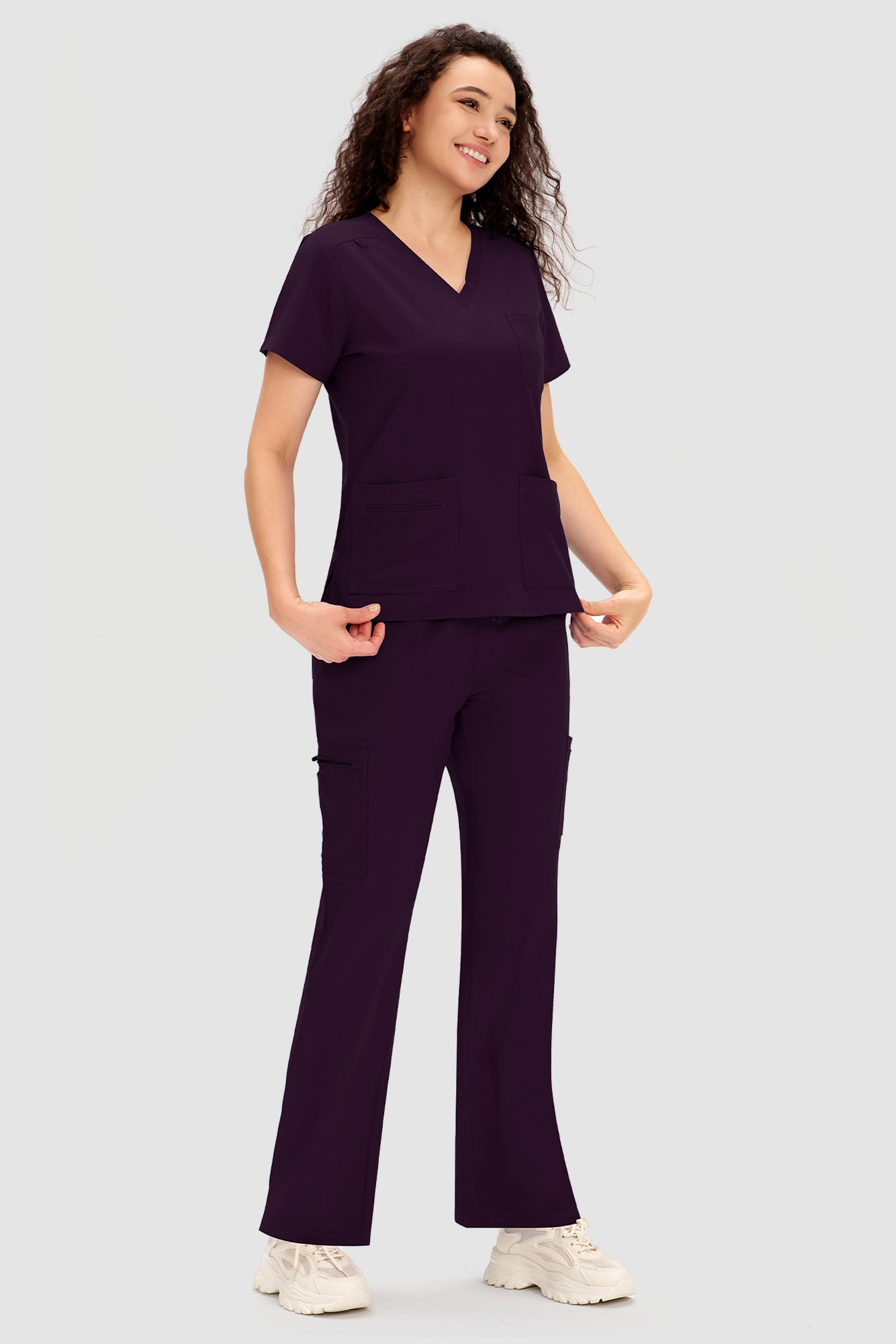 COZYFIT Scrubs for Women - V Neck Top and Bootcut Cargo Straight Pants with 12 Pockets