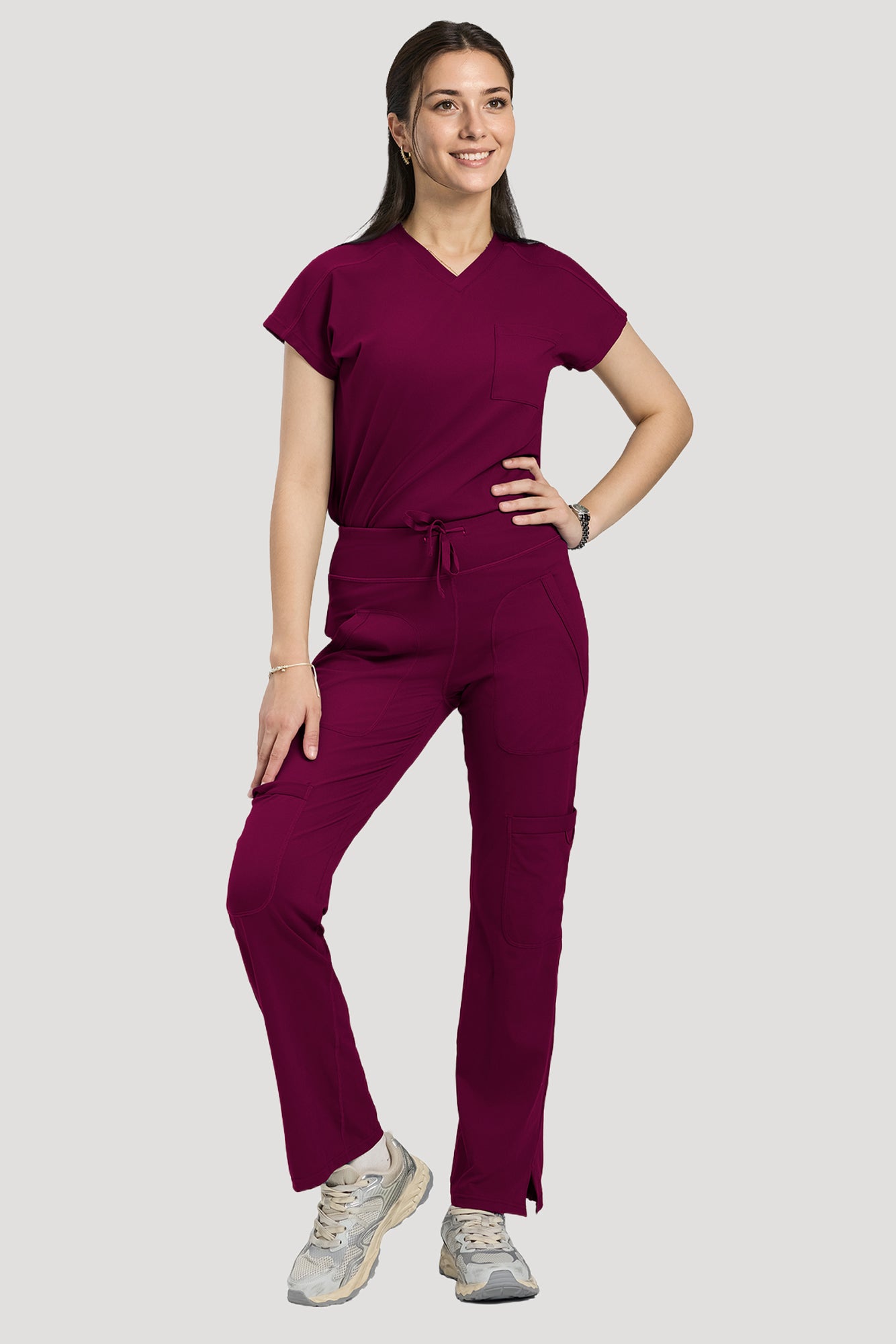 Scrubs for Women Set, V Neck Top & Straight Leg Pants | 6 Pockets, High Elastic Soft Fabric, Drop Shoulder, Slit Hem Yoga Scrub Pants for Easy Movement