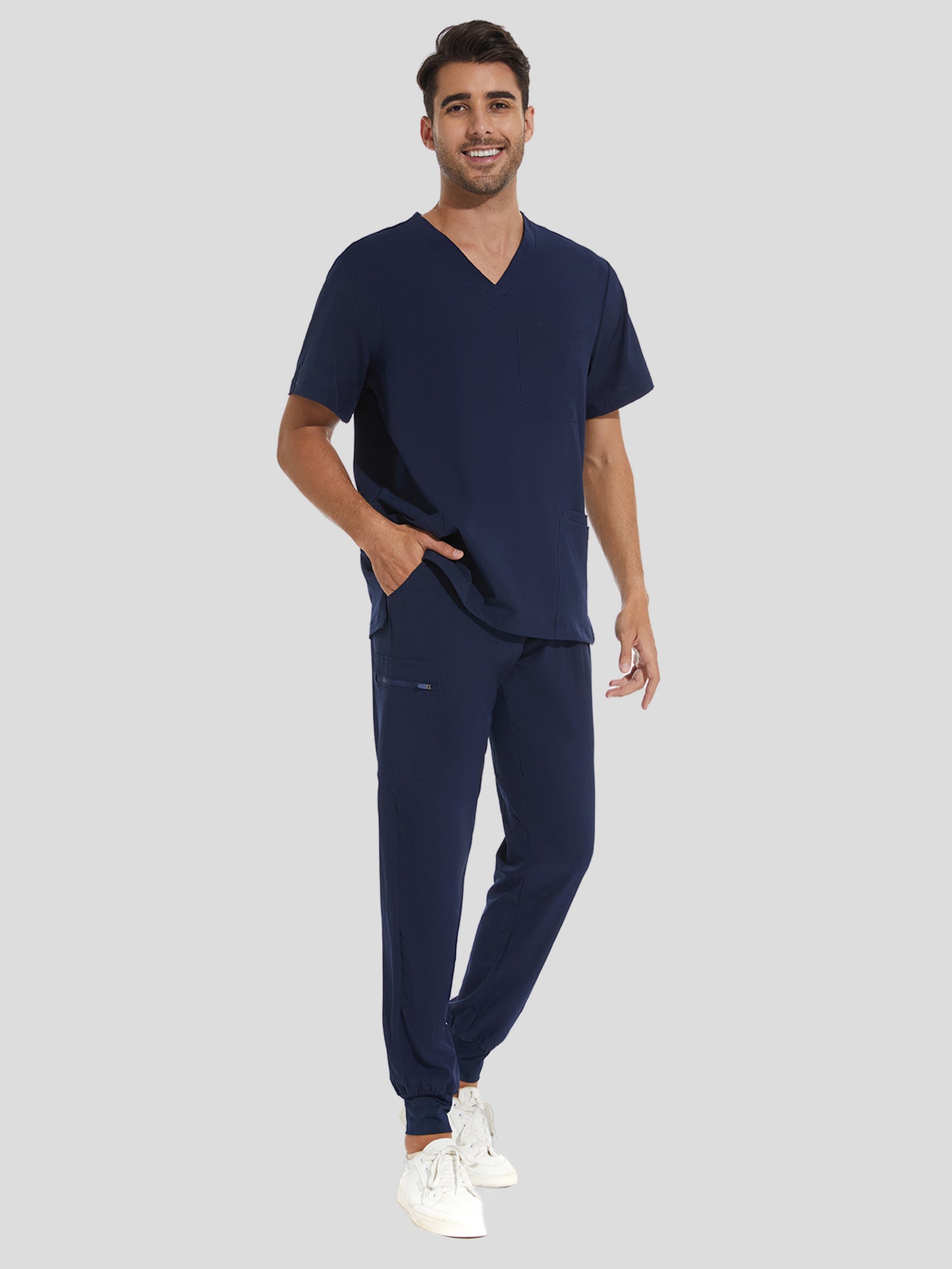 COZYFIT V-Neck Scrub Top & Jogger Pant with 8 Pockets, Yoga Waistband, Anti-Wrinkle Scrubs for Men