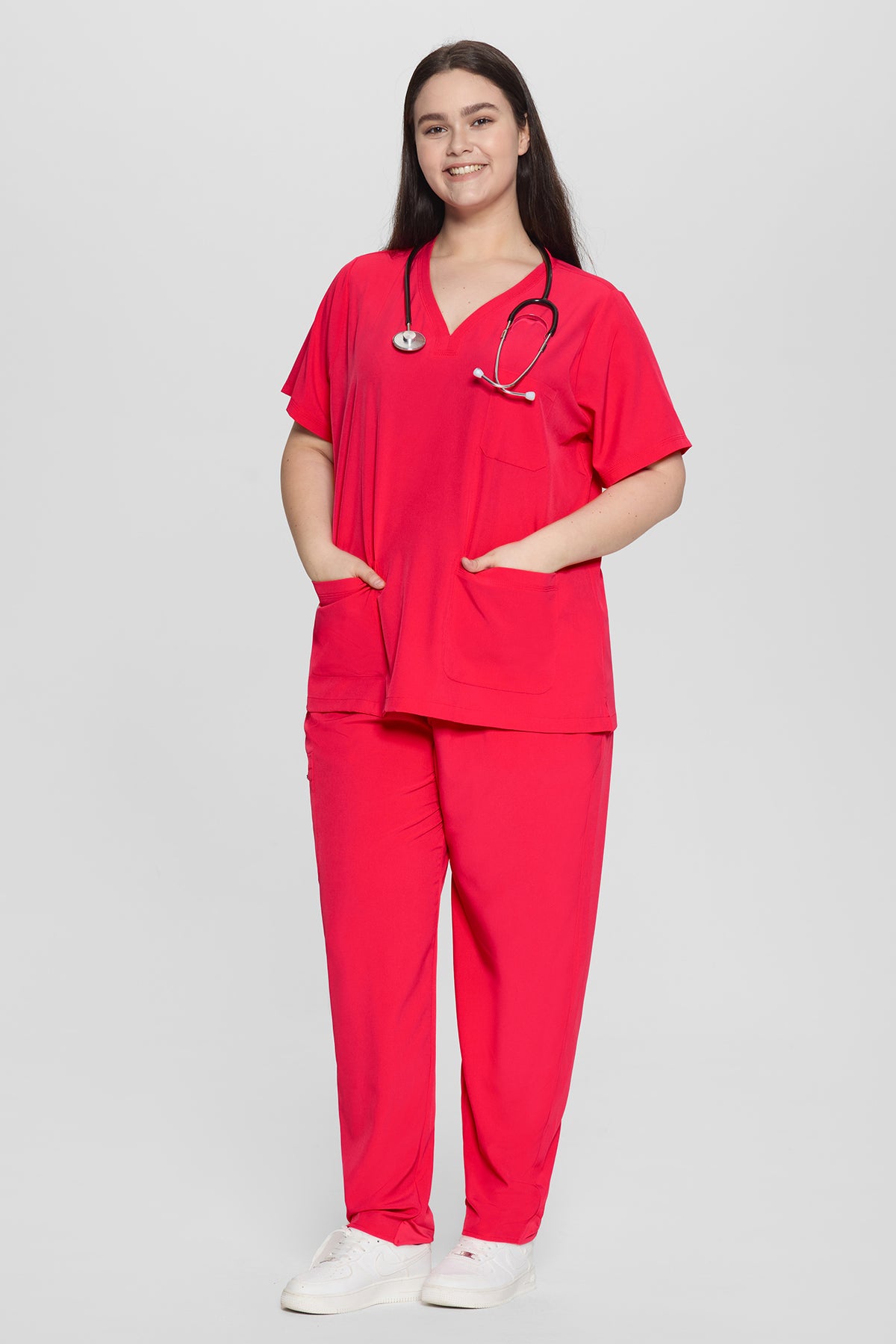 Women's Curved V-Neck 8-Pocket Jogger Scrub Set, Viva Magenta, Three-Quarter View