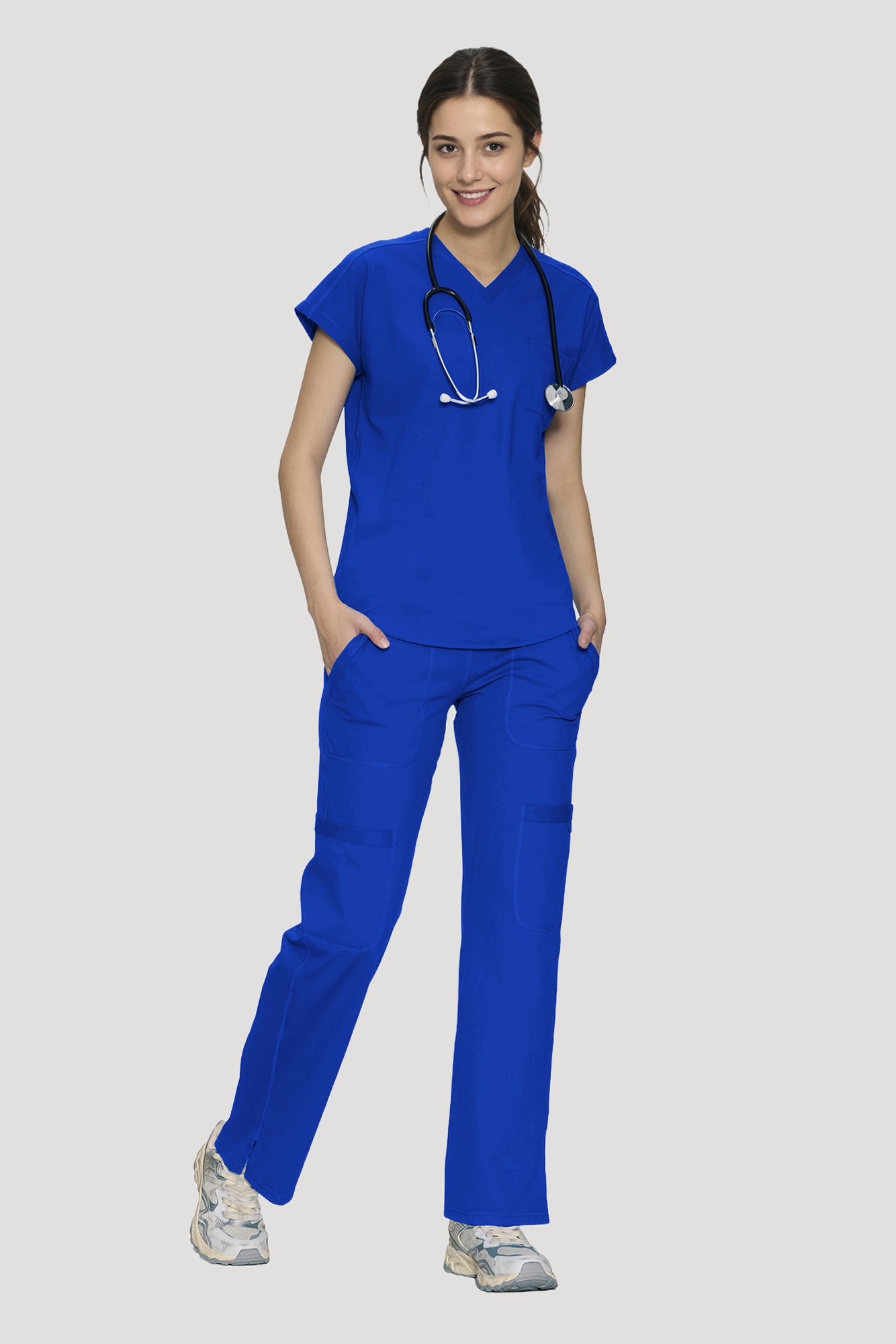 Scrubs for Women Set, V Neck Top & Straight Leg Pants | 6 Pockets, High Elastic Soft Fabric, Drop Shoulder, Slit Hem Yoga Scrub Pants for Easy Movement