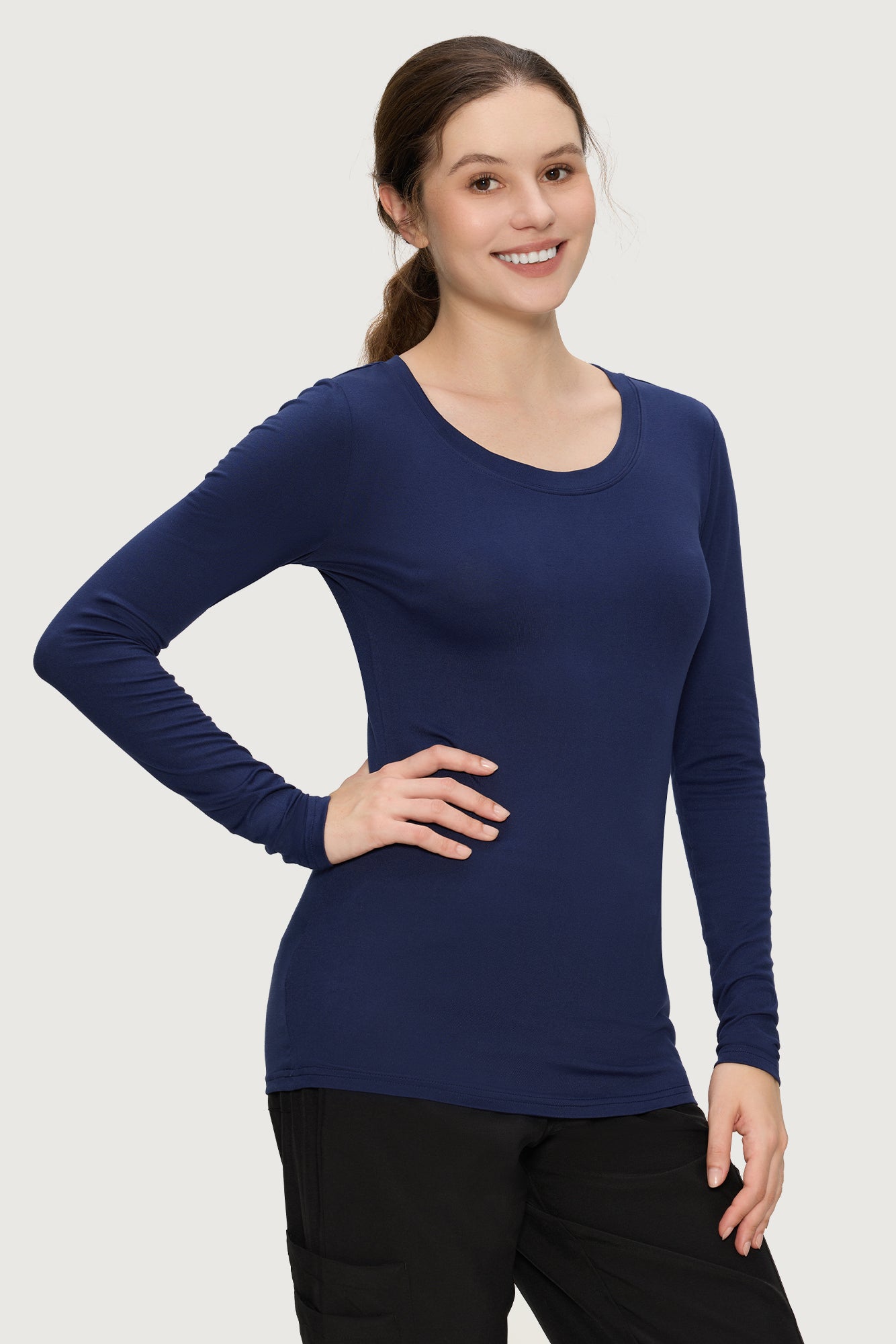 Underscrub Long Sleeve Women - Scoop Neck Scrubs Undershirt Soft Stretch Fitted Top