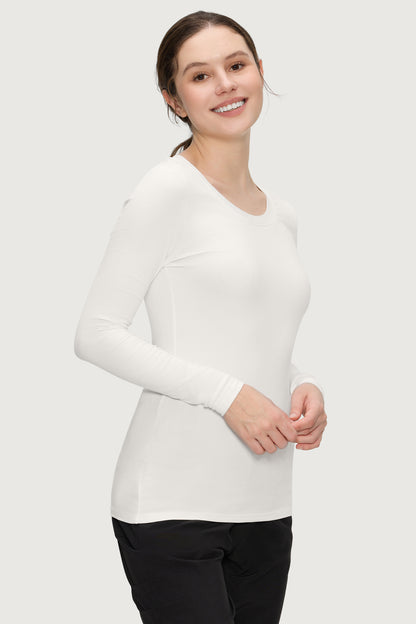 Women's Long-Sleeve Scoop Neck Underscrub Top, White, Three-Quarter View