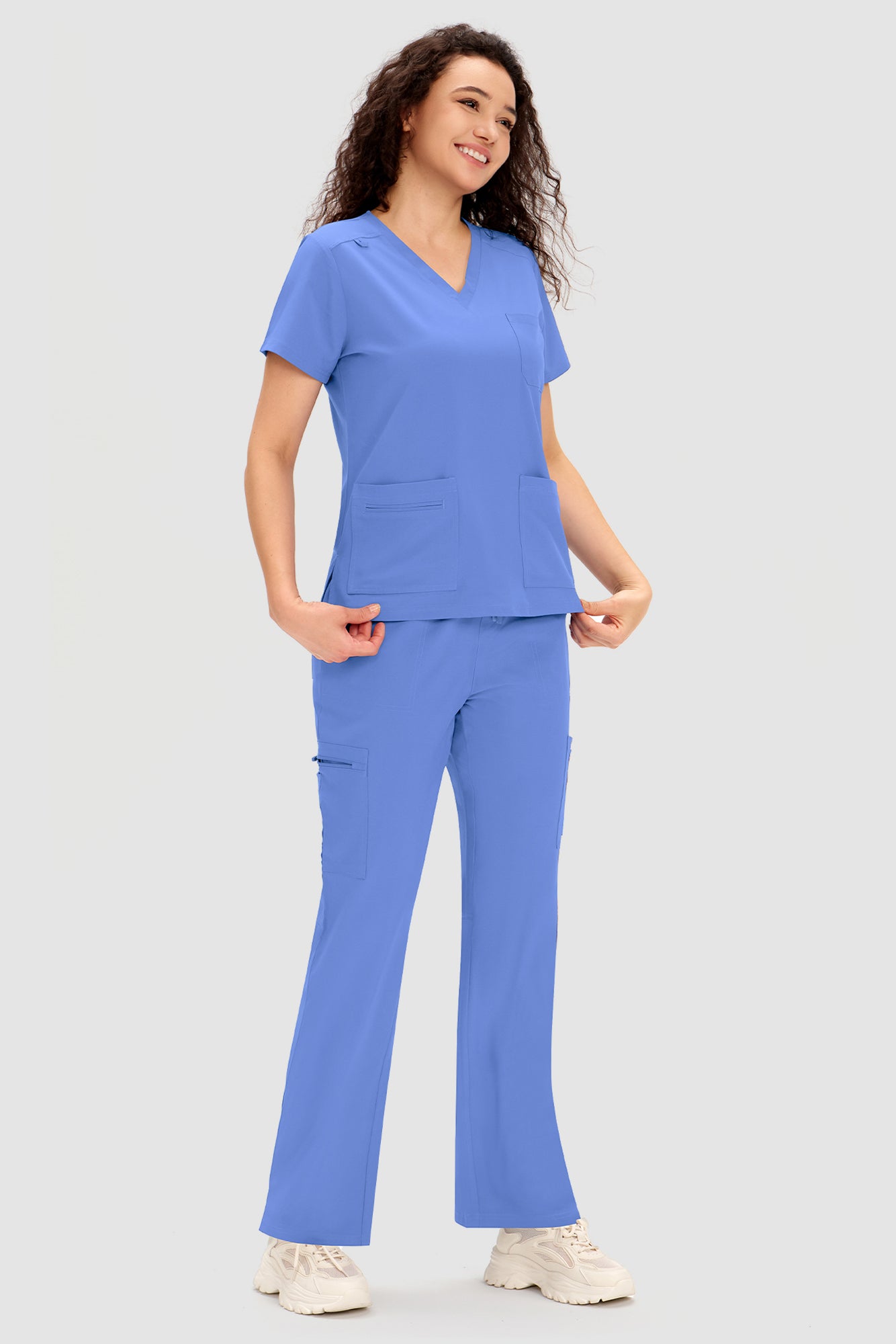 COZYFIT Scrubs for Women - V Neck Top and Bootcut Cargo Straight Pants with 12 Pockets