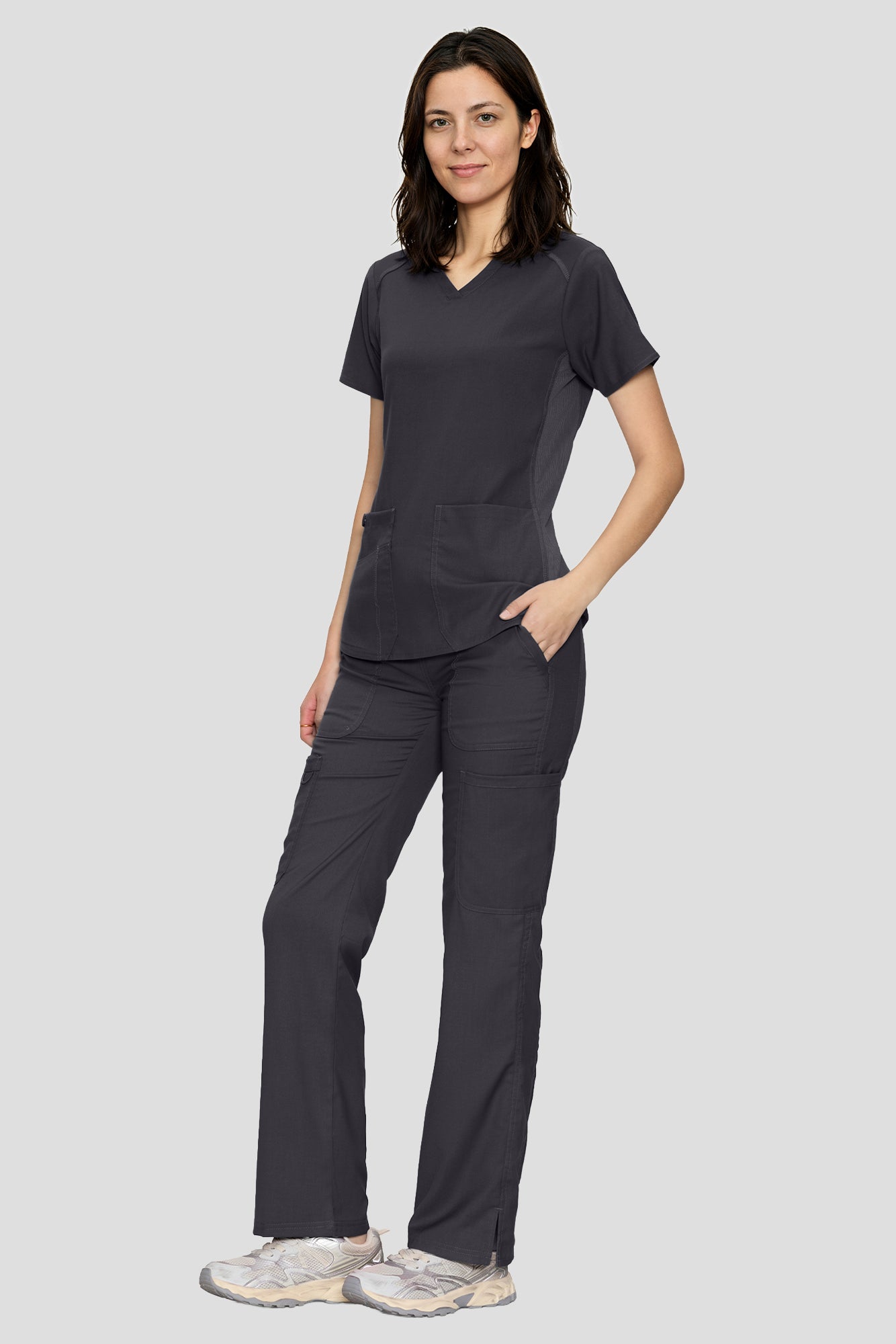 Scrubs for Women Set, V-Neck Top & Straight Leg Cargo Pants. 9 Pockets. Side Ribbed Panels, Side Slits, Ultra-Soft Stretch Fabric, Breathable Medical Uniform for Workwear