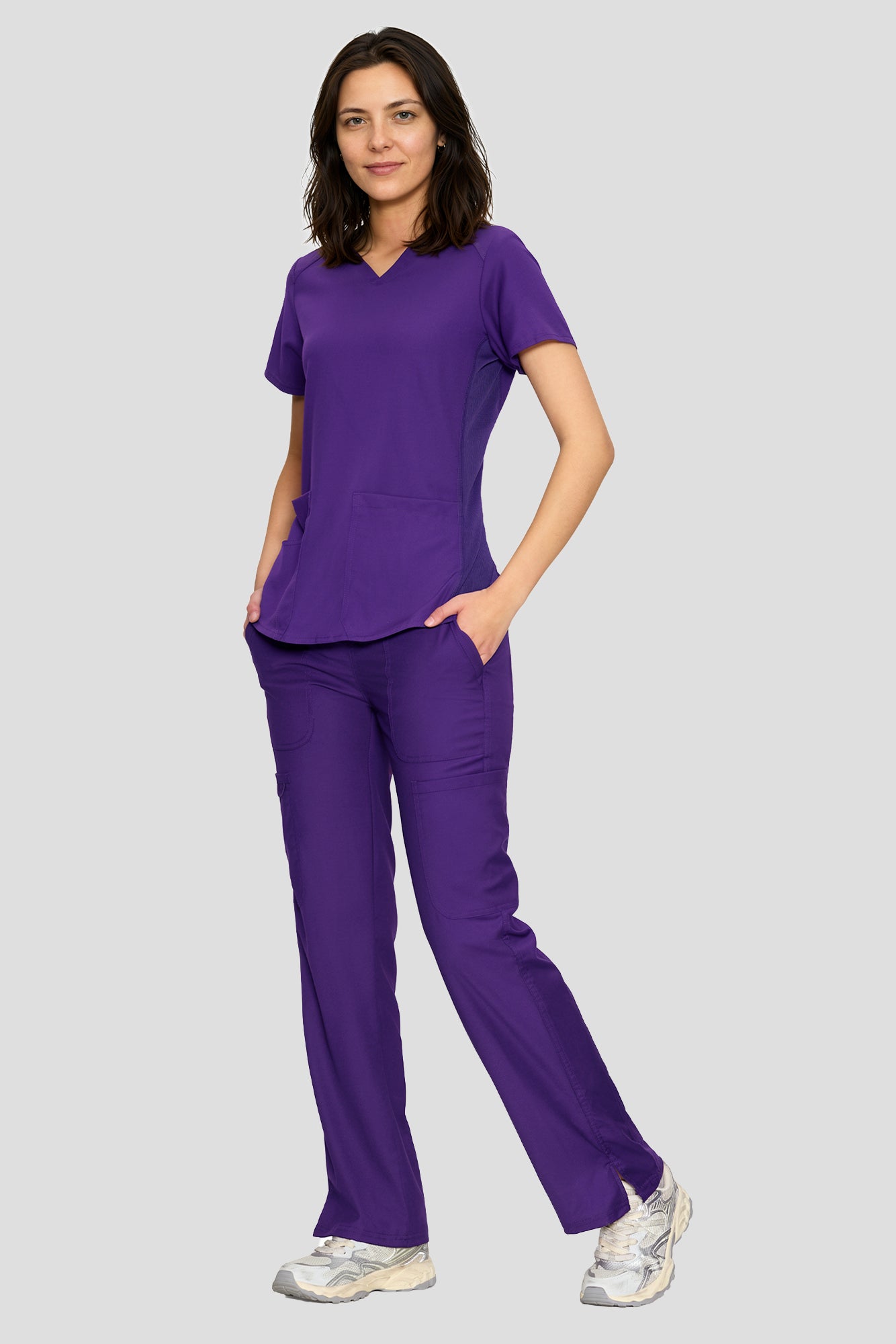 Scrubs for Women Set, V-Neck Top & Straight Leg Cargo Pants. 9 Pockets. Side Ribbed Panels, Side Slits, Ultra-Soft Stretch Fabric, Breathable Medical Uniform for Workwear