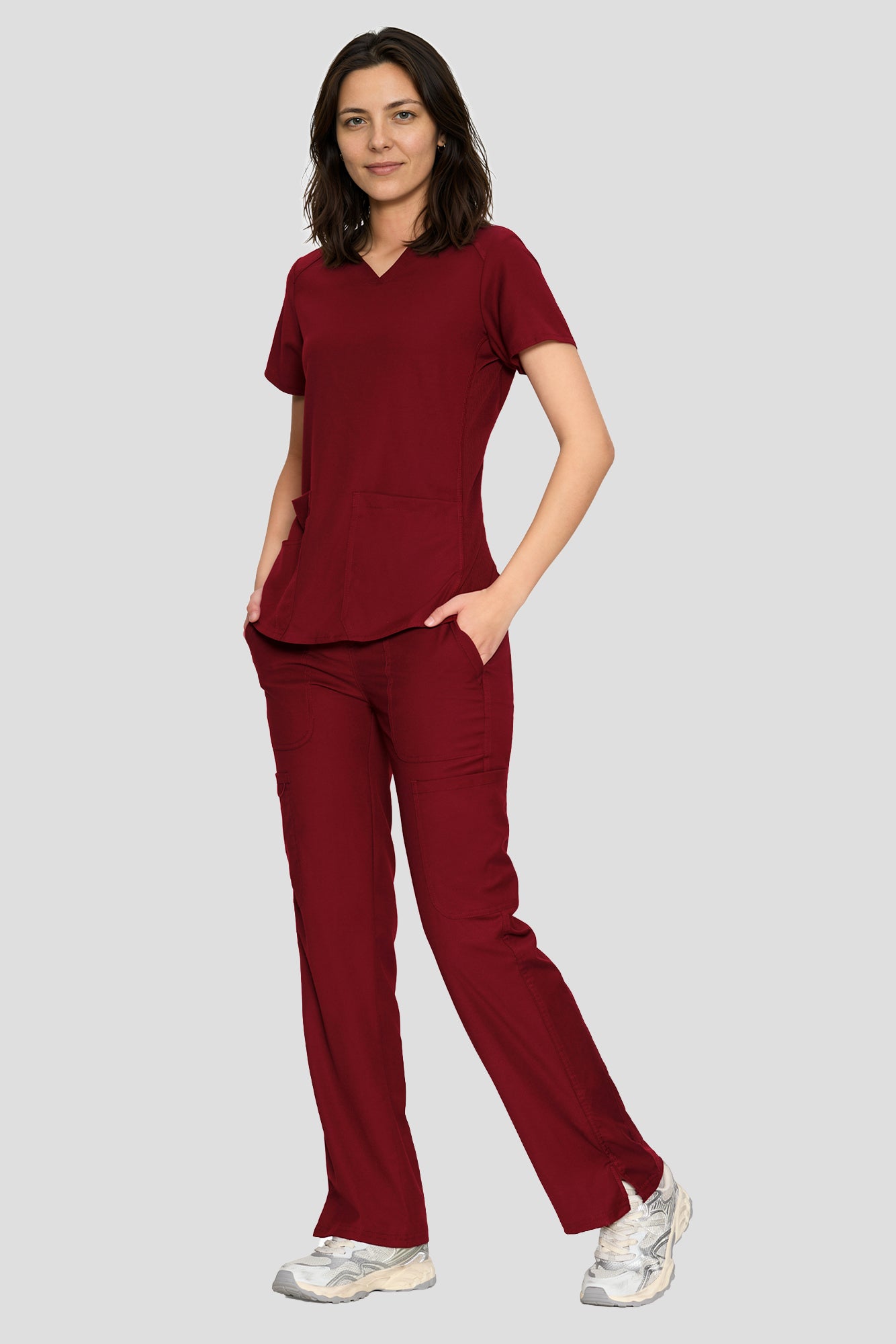 Scrubs for Women Set, V-Neck Top & Straight Leg Cargo Pants. 9 Pockets. Side Ribbed Panels, Side Slits, Ultra-Soft Stretch Fabric, Breathable Medical Uniform for Workwear