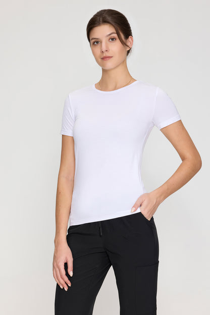 Women's Short-Sleeve Crew Neck Underscrub Tee, White, Full-Length Front View