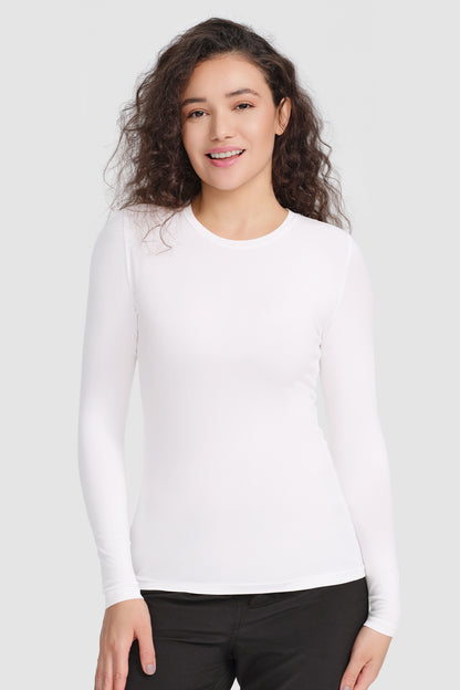Women's 3-Pack Long-Sleeve Underscrub Top, White, Model Front View