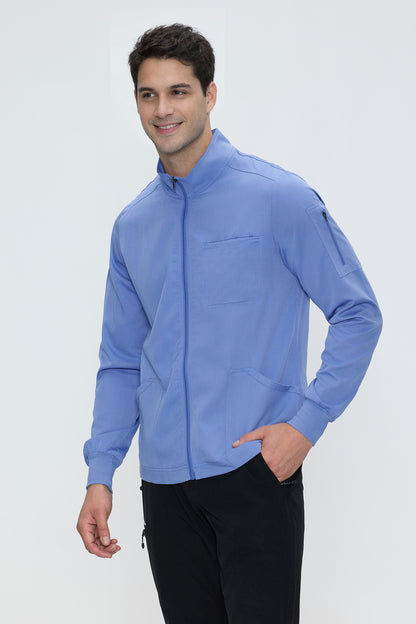 Men's 5-Pocket Zip-Front Scrub Jacket, Ceil Blue, Three-Quarter View
