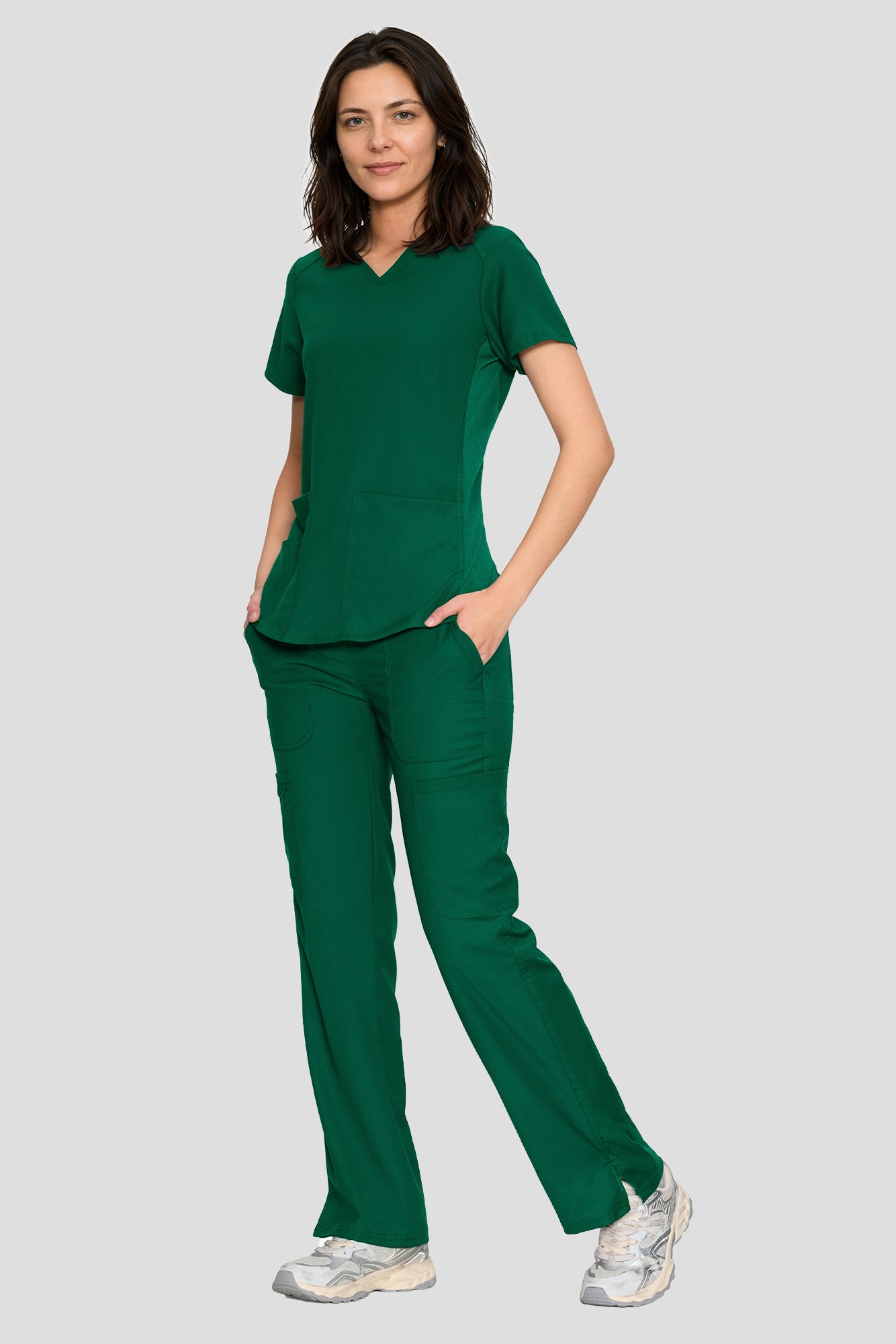 Scrubs for Women Set, V-Neck Top & Straight Leg Cargo Pants. 9 Pockets. Side Ribbed Panels, Side Slits, Ultra-Soft Stretch Fabric, Breathable Medical Uniform for Workwear