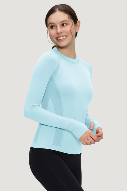 Women's Long-Sleeve Underscrub Top, Baby Blue, Model Side View