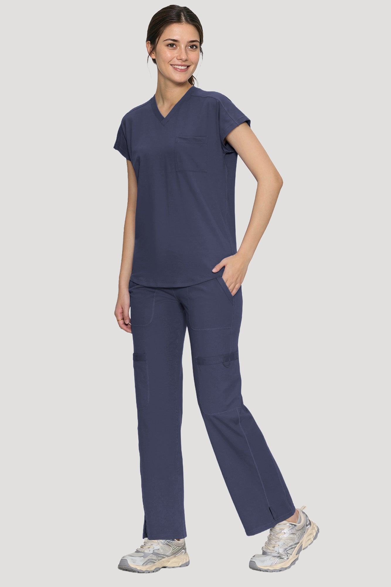 Scrubs for Women Set, V Neck Top & Straight Leg Pants | 6 Pockets, High Elastic Soft Fabric, Drop Shoulder, Slit Hem Yoga Scrub Pants for Easy Movement