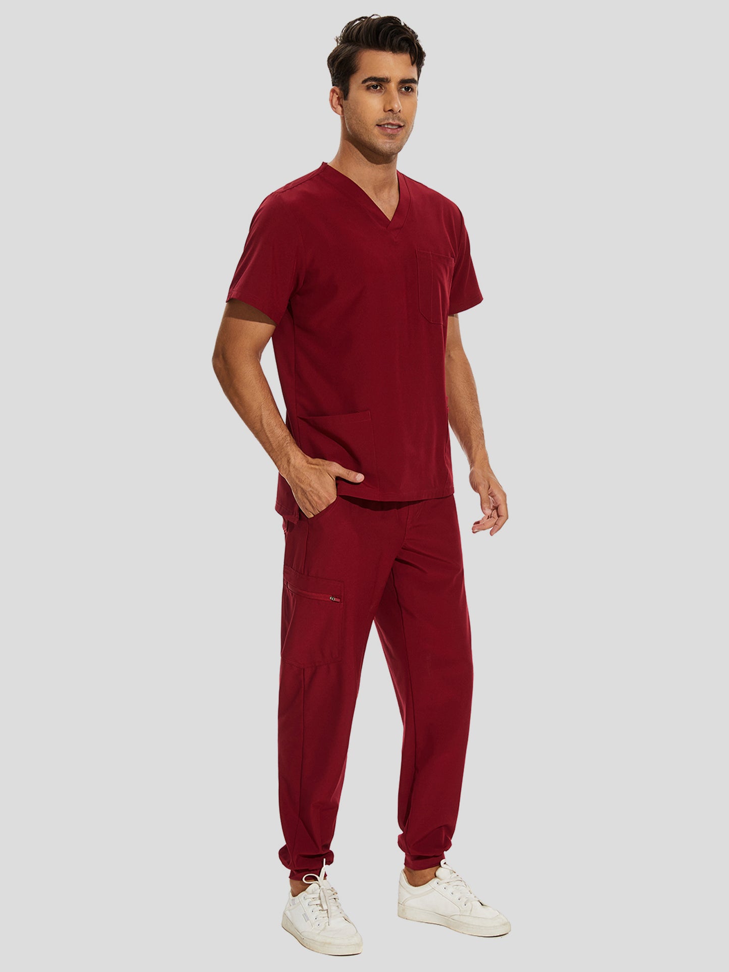 COZYFIT V-Neck Scrub Top & Jogger Pant with 8 Pockets, Yoga Waistband, Anti-Wrinkle Scrubs for Men