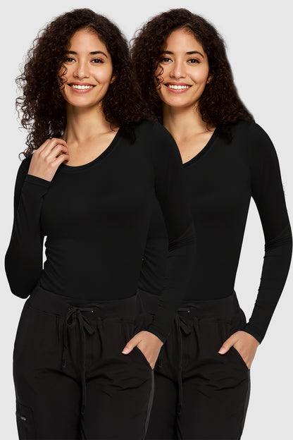 Women's 2-Pack Long-Sleeve Underscrub Top, Black/Black, Model Front View