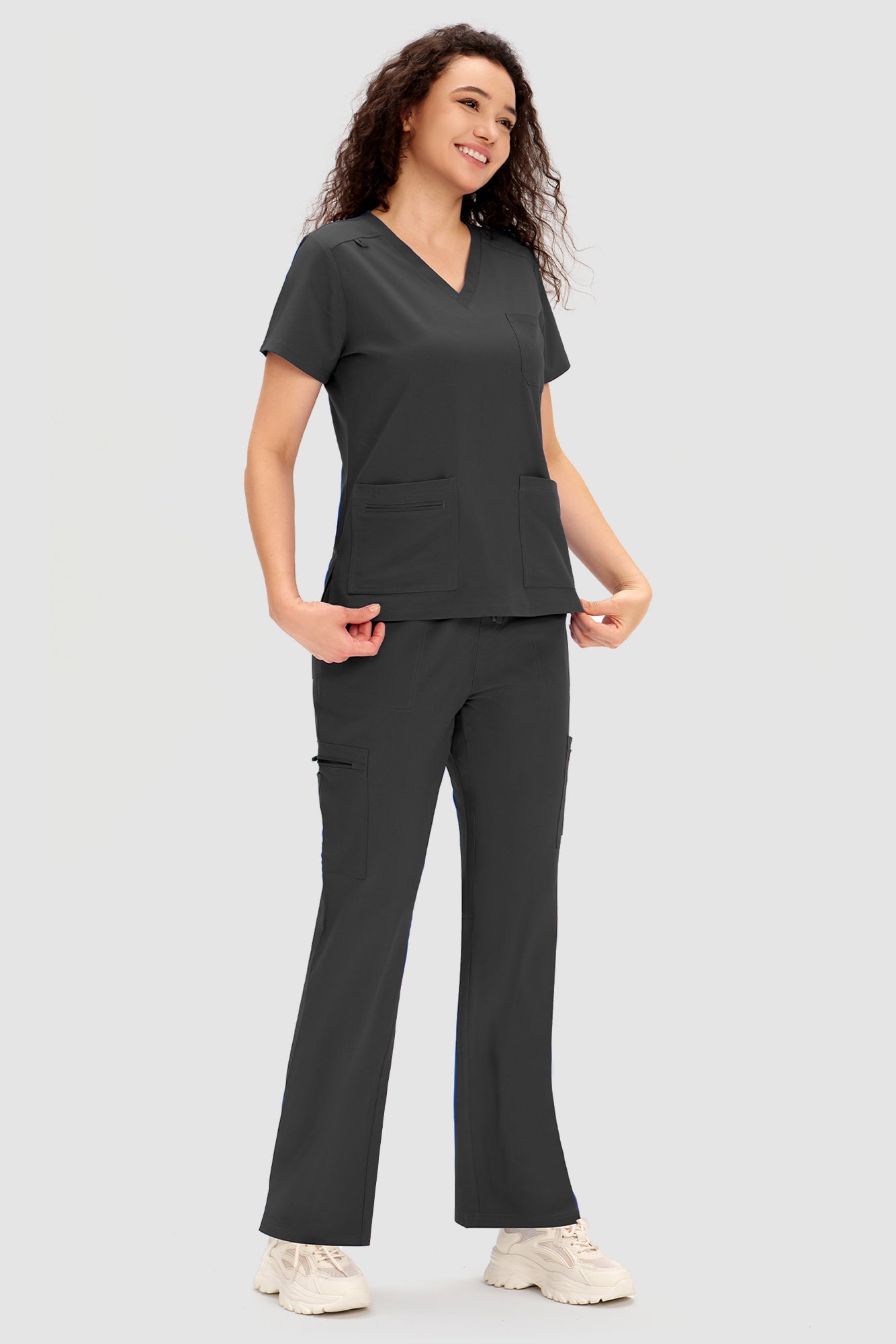 COZYFIT Scrubs for Women - V Neck Top and Bootcut Cargo Straight Pants with 12 Pockets