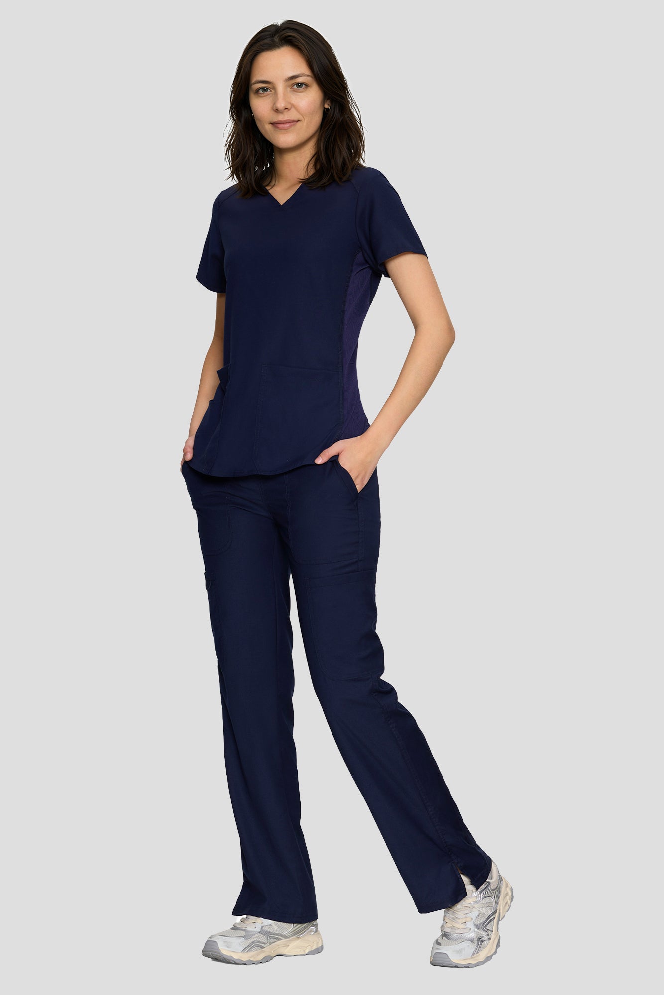 Scrubs for Women Set, V-Neck Top & Straight Leg Cargo Pants. 9 Pockets. Side Ribbed Panels, Side Slits, Ultra-Soft Stretch Fabric, Breathable Medical Uniform for Workwear