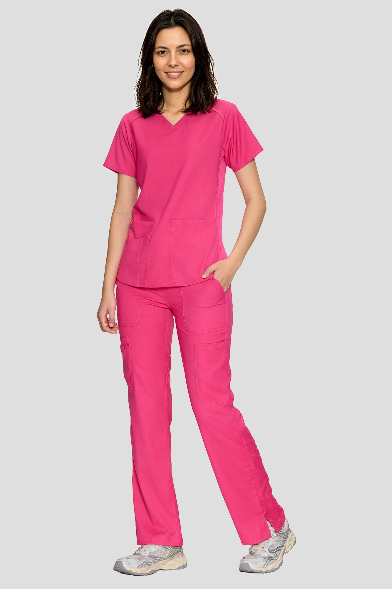 Scrubs for Women Set, V-Neck Top & Straight Leg Cargo Pants. 9 Pockets. Side Ribbed Panels, Side Slits, Ultra-Soft Stretch Fabric, Breathable Medical Uniform for Workwear