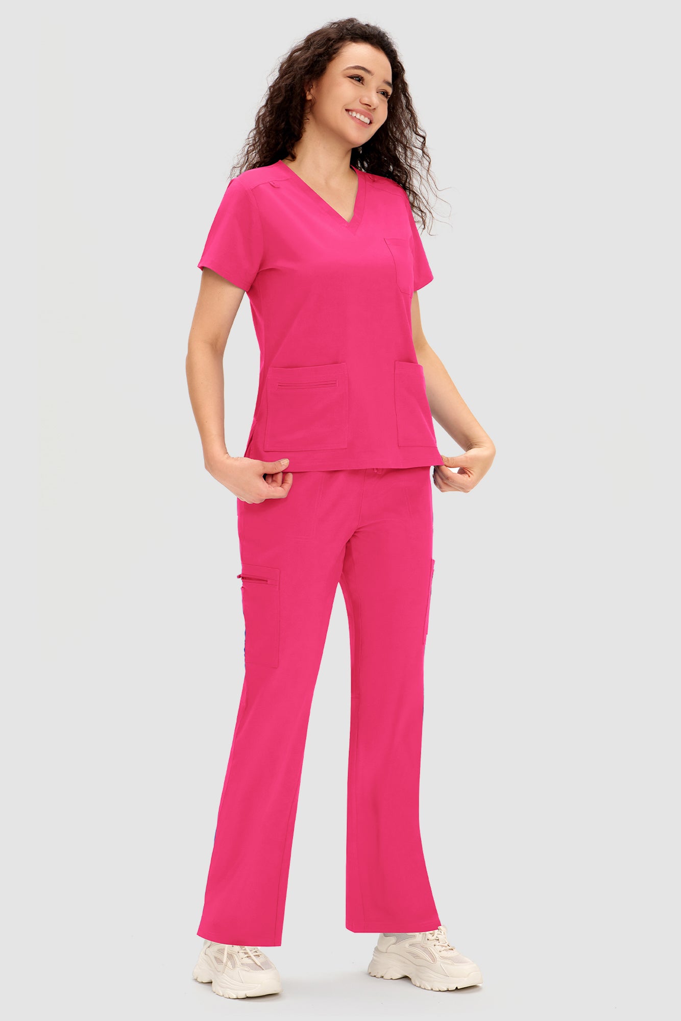 COZYFIT Scrubs for Women - V Neck Top and Bootcut Cargo Straight Pants with 12 Pockets