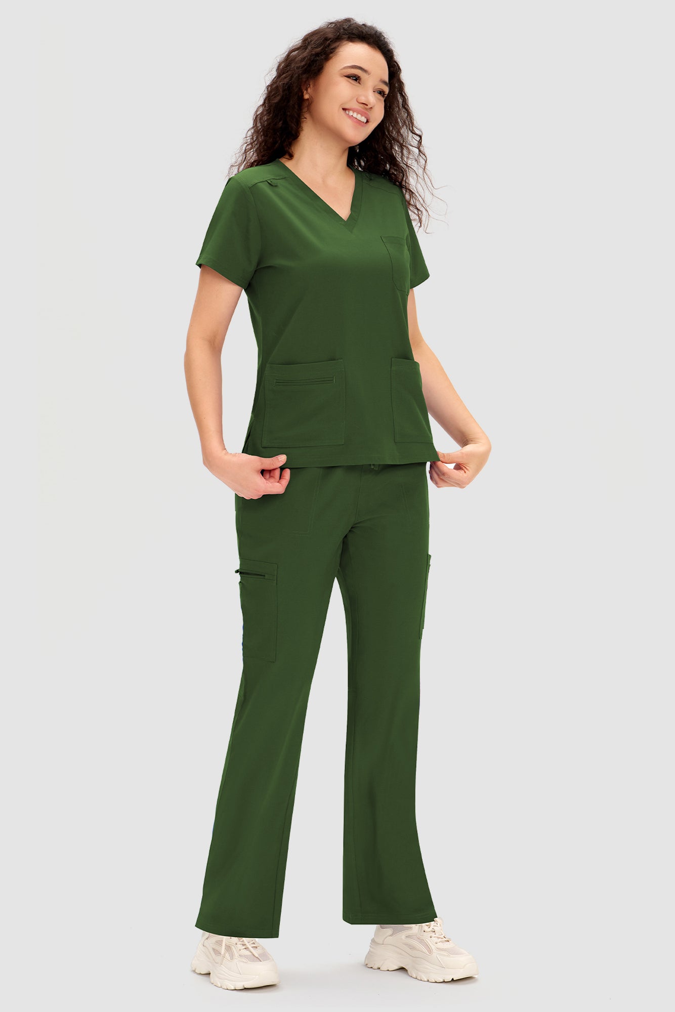 COZYFIT Scrubs for Women - V Neck Top and Bootcut Cargo Straight Pants with 12 Pockets