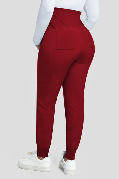 Women's Maternity Scrub Pants, Burgundy, Full-Length Back View