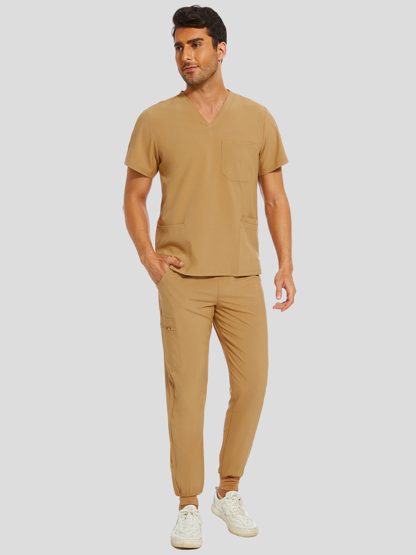 COZYFIT V-Neck Scrub Top & Jogger Pant with 8 Pockets, Yoga Waistband, Anti-Wrinkle Scrubs for Men