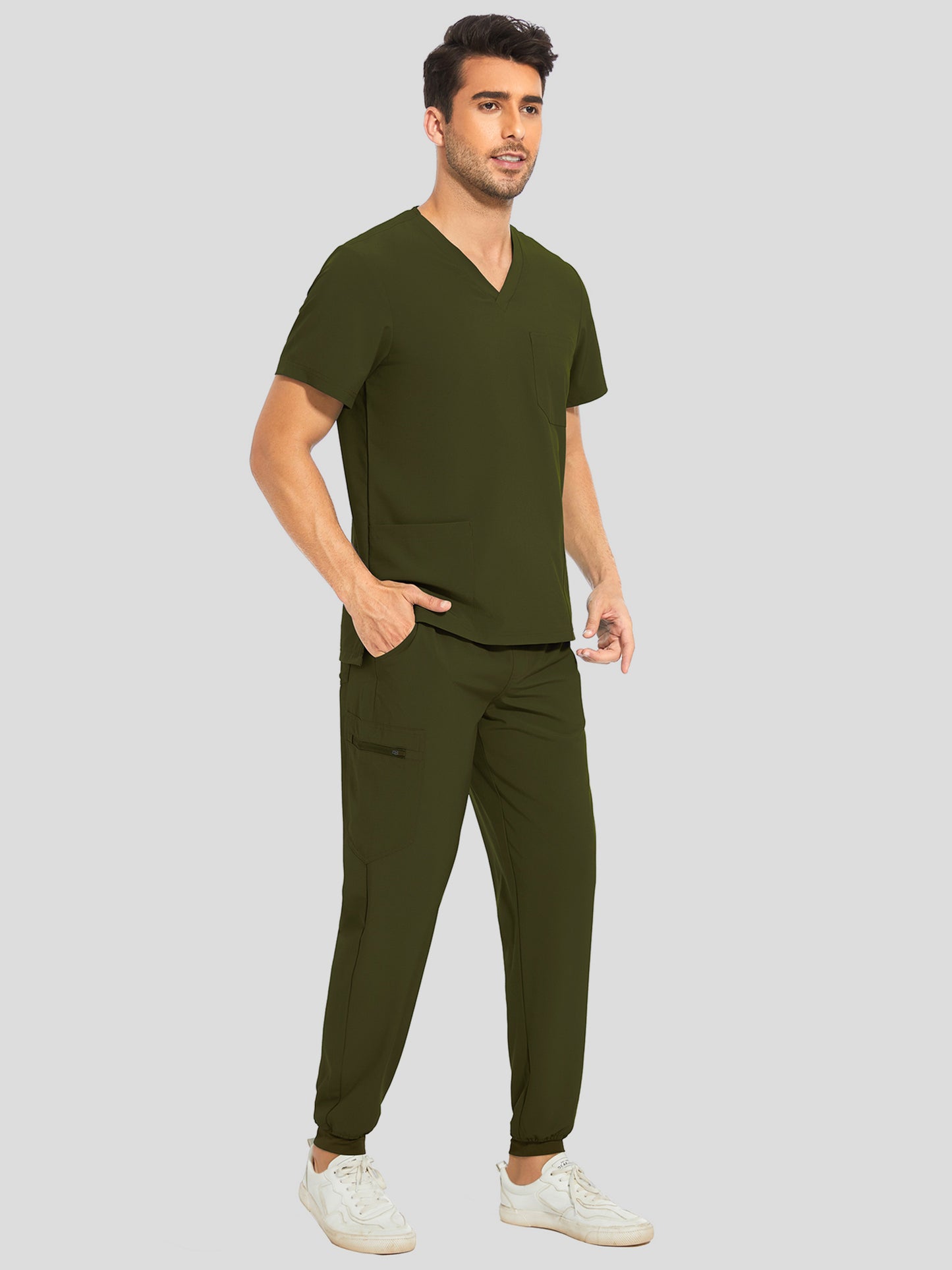 COZYFIT V-Neck Scrub Top & Jogger Pant with 8 Pockets, Yoga Waistband, Anti-Wrinkle Scrubs for Men