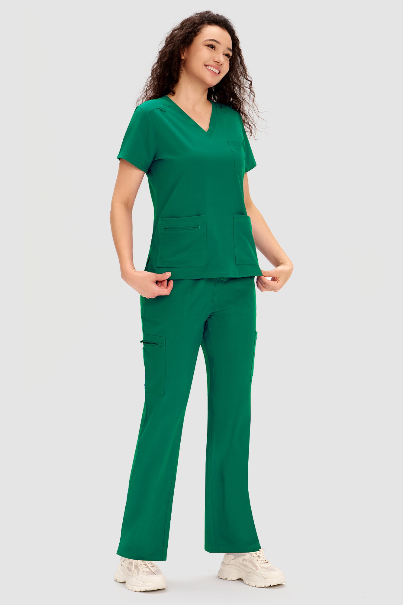 COZYFIT Scrubs for Women - V Neck Top and Bootcut Cargo Straight Pants with 12 Pockets