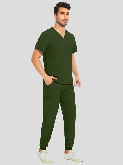 Men's 8-Pocket V-Neck Scrub Set, Army green, Three-Quarter View