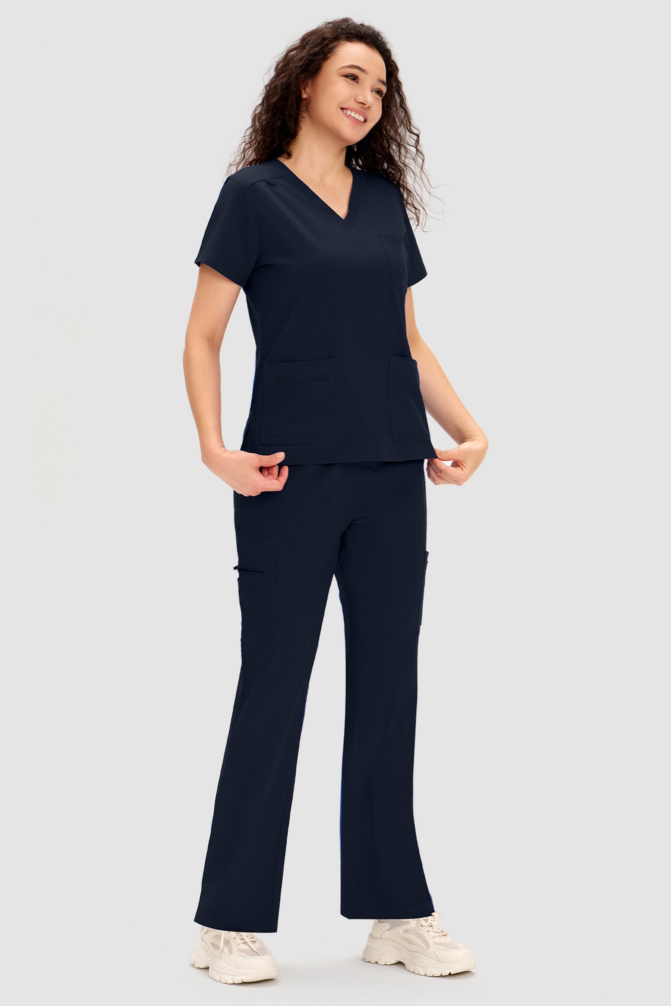 COZYFIT Scrubs for Women - V Neck Top and Bootcut Cargo Straight Pants with 12 Pockets