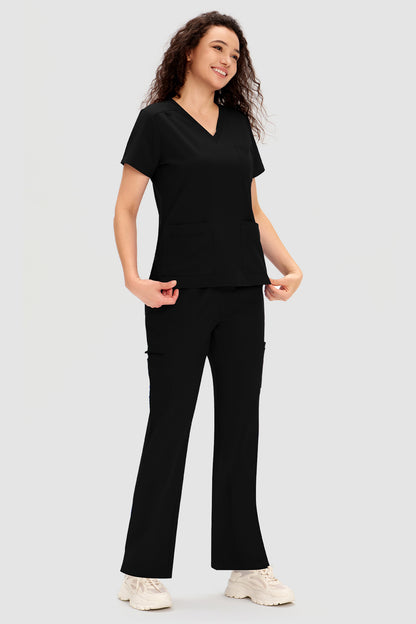 Women's 12-Pocket V-Neck Scrub Set, Black, Three-Quarter View