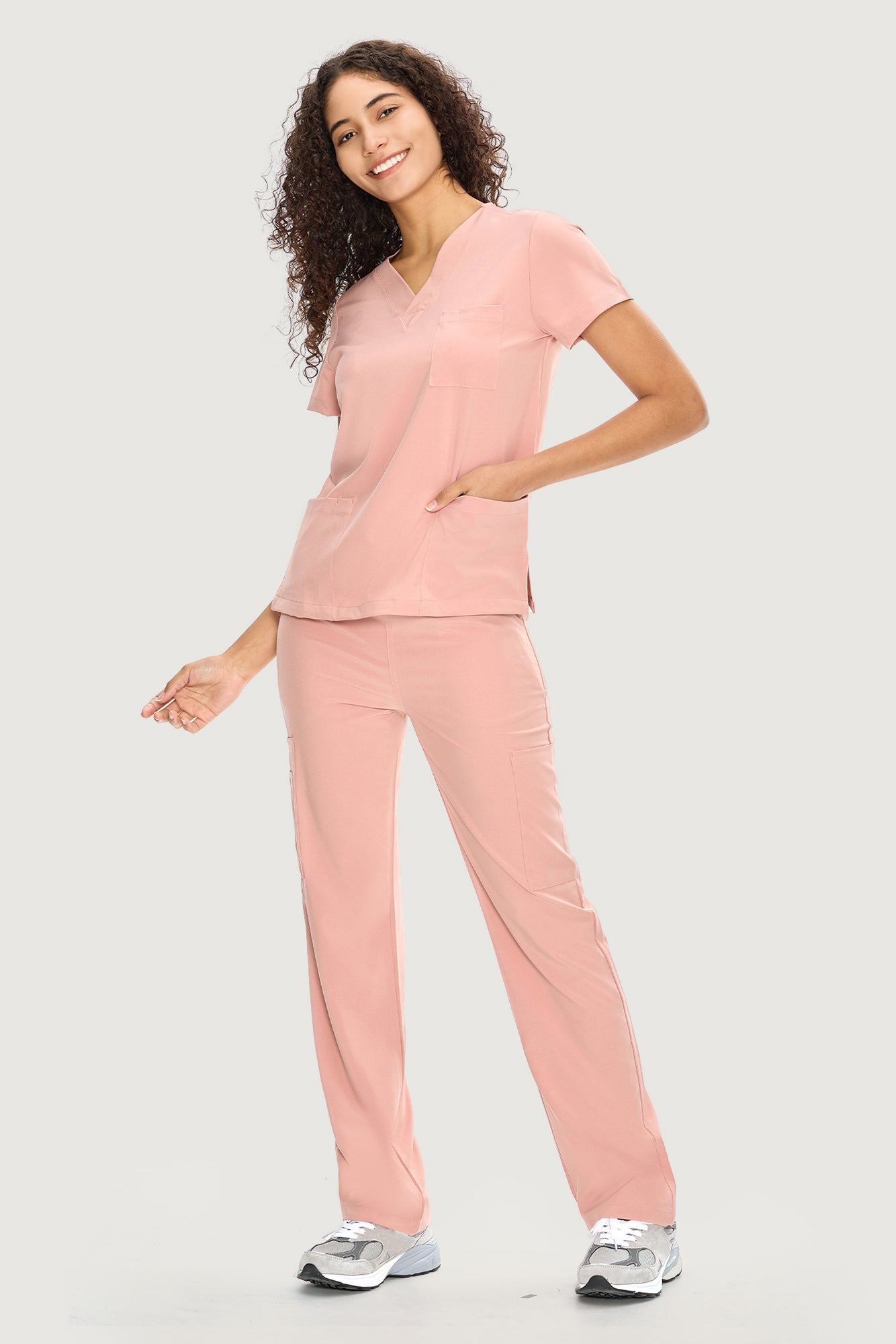COZYFIT  V-Neck Scrub Top & Straight Leg Pants with 9 Pockets