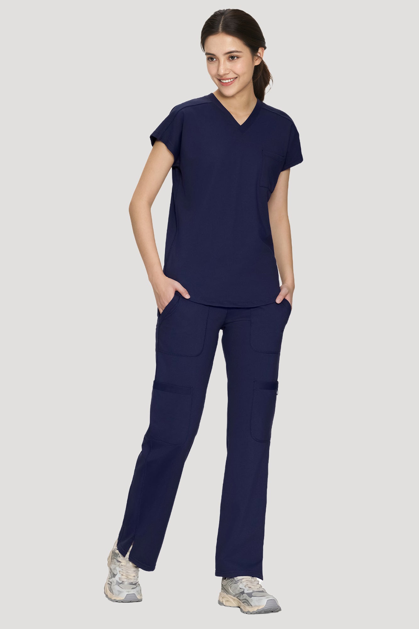 Scrubs for Women Set, V Neck Top & Straight Leg Pants | 6 Pockets, High Elastic Soft Fabric, Drop Shoulder, Slit Hem Yoga Scrub Pants for Easy Movement