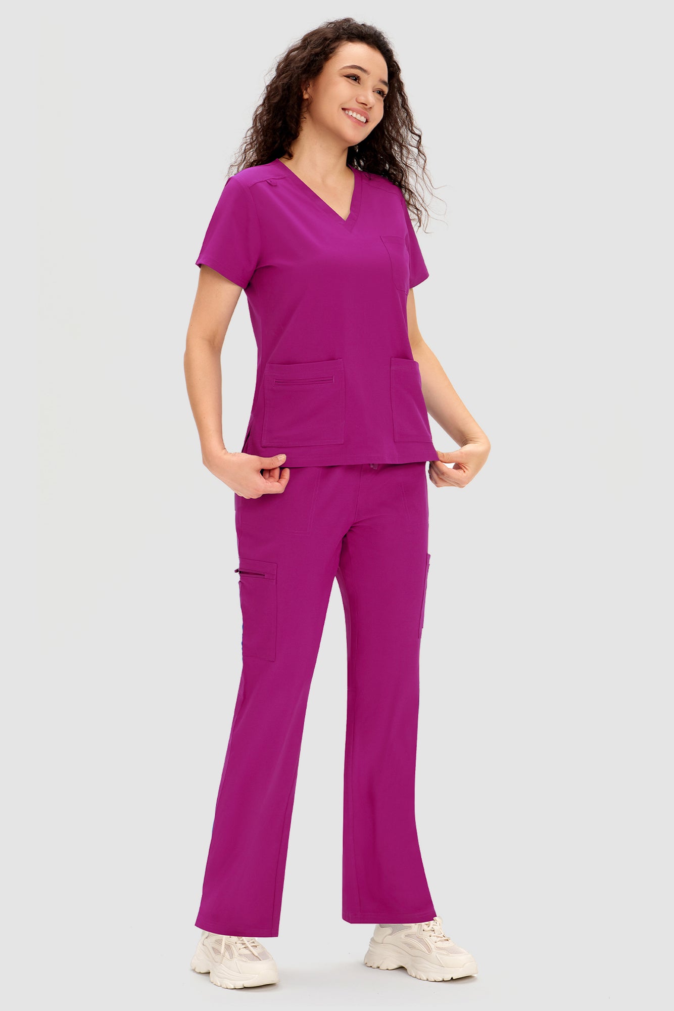 COZYFIT Scrubs for Women - V Neck Top and Bootcut Cargo Straight Pants with 12 Pockets
