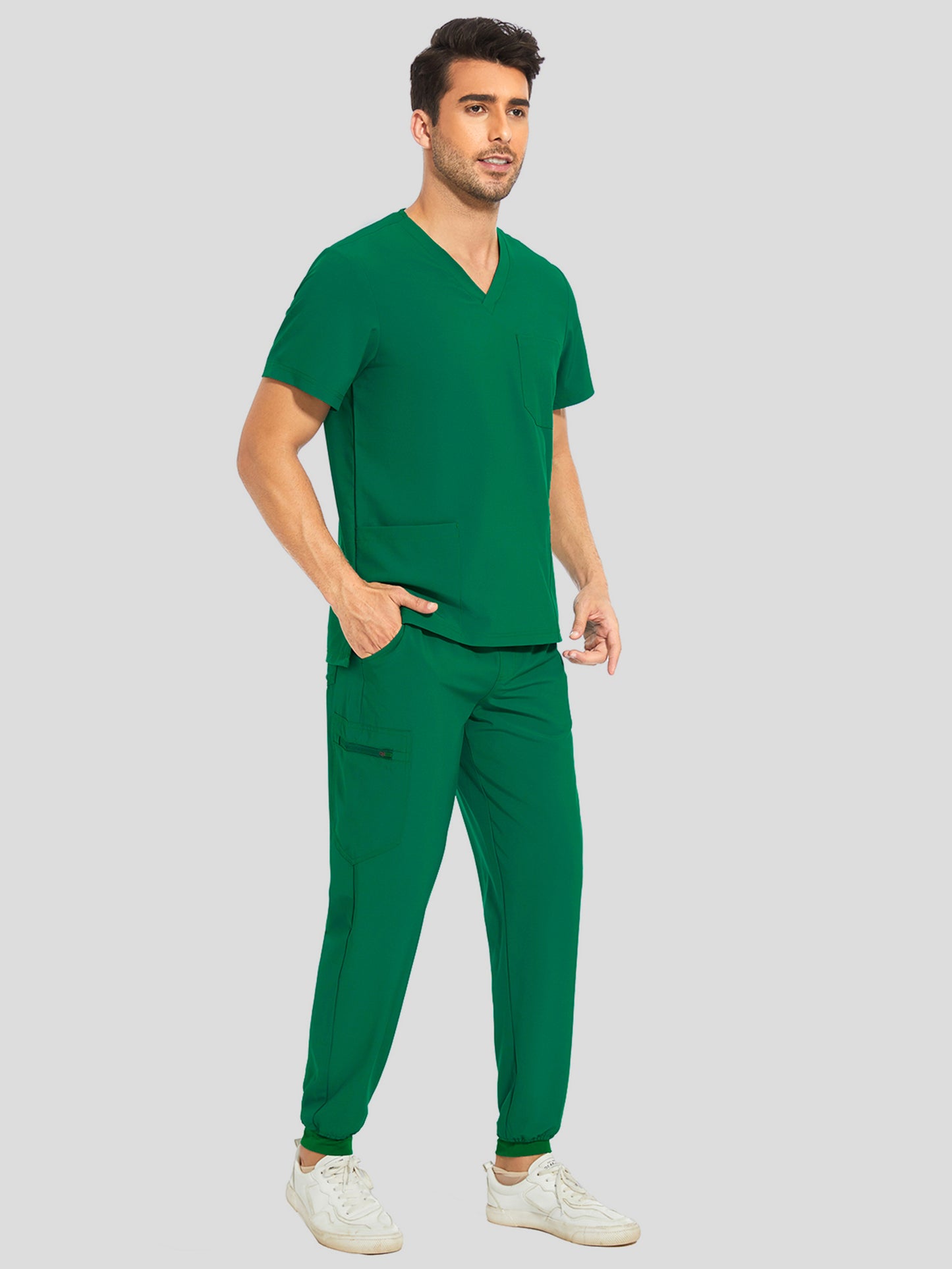 COZYFIT V-Neck Scrub Top & Jogger Pant with 8 Pockets, Yoga Waistband, Anti-Wrinkle Scrubs for Men