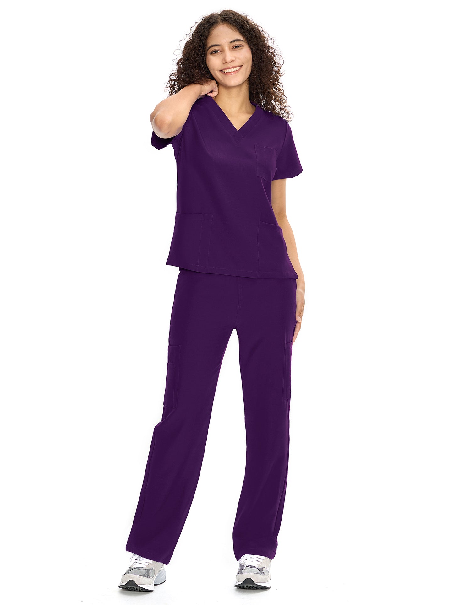 COZYFIT  V-Neck Scrub Top & Straight Leg Pants with 9 Pockets