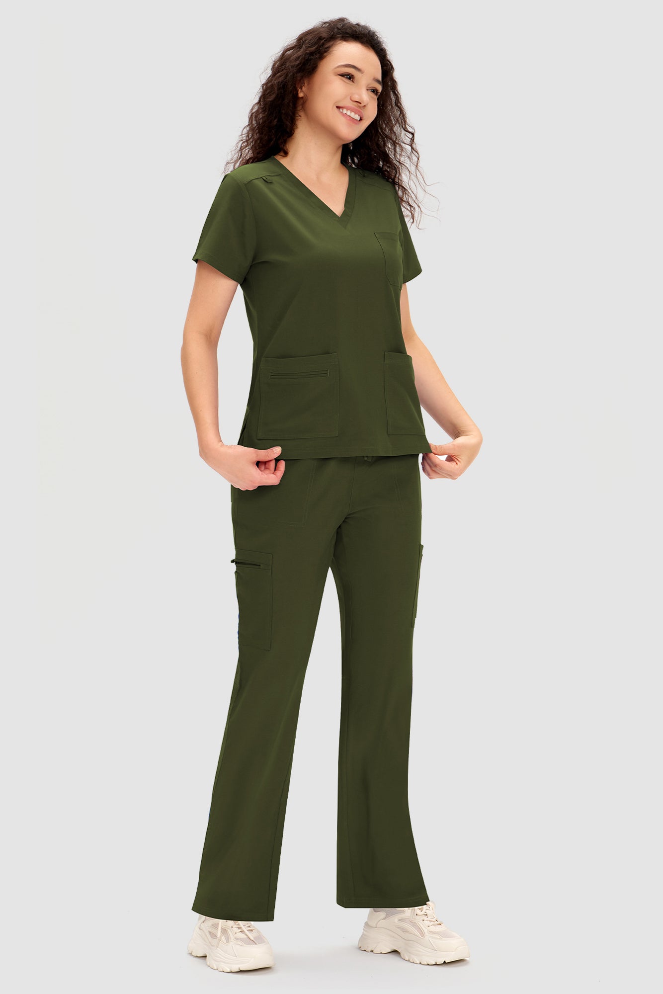 COZYFIT Scrubs for Women - V Neck Top and Bootcut Cargo Straight Pants with 12 Pockets